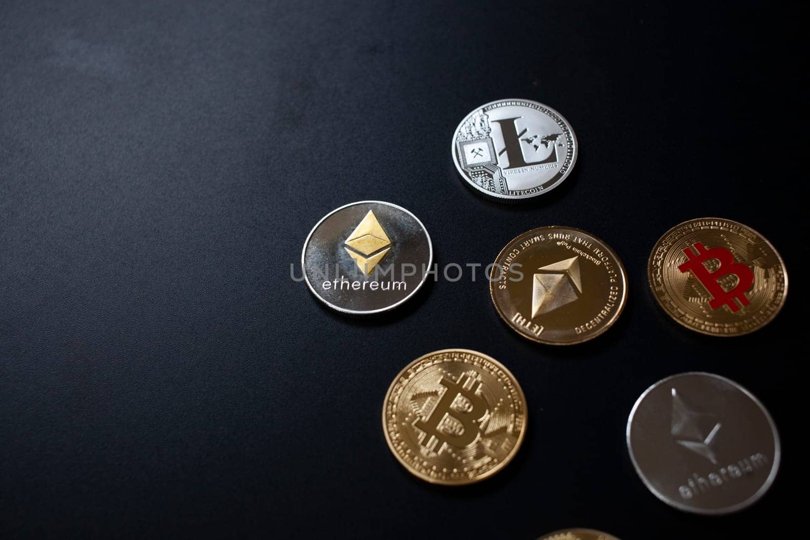 cryptocurrencies concept - bitcoin, litecoin, ethereum