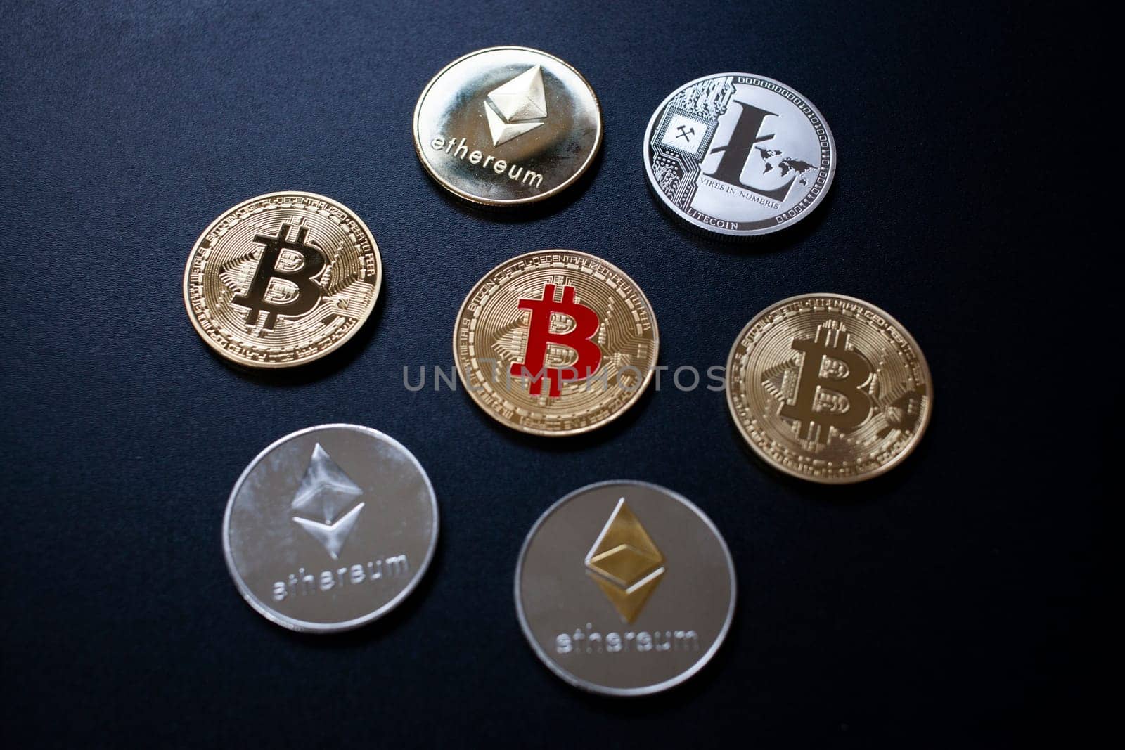 cryptocurrencies concept - bitcoin, litecoin, ethereum