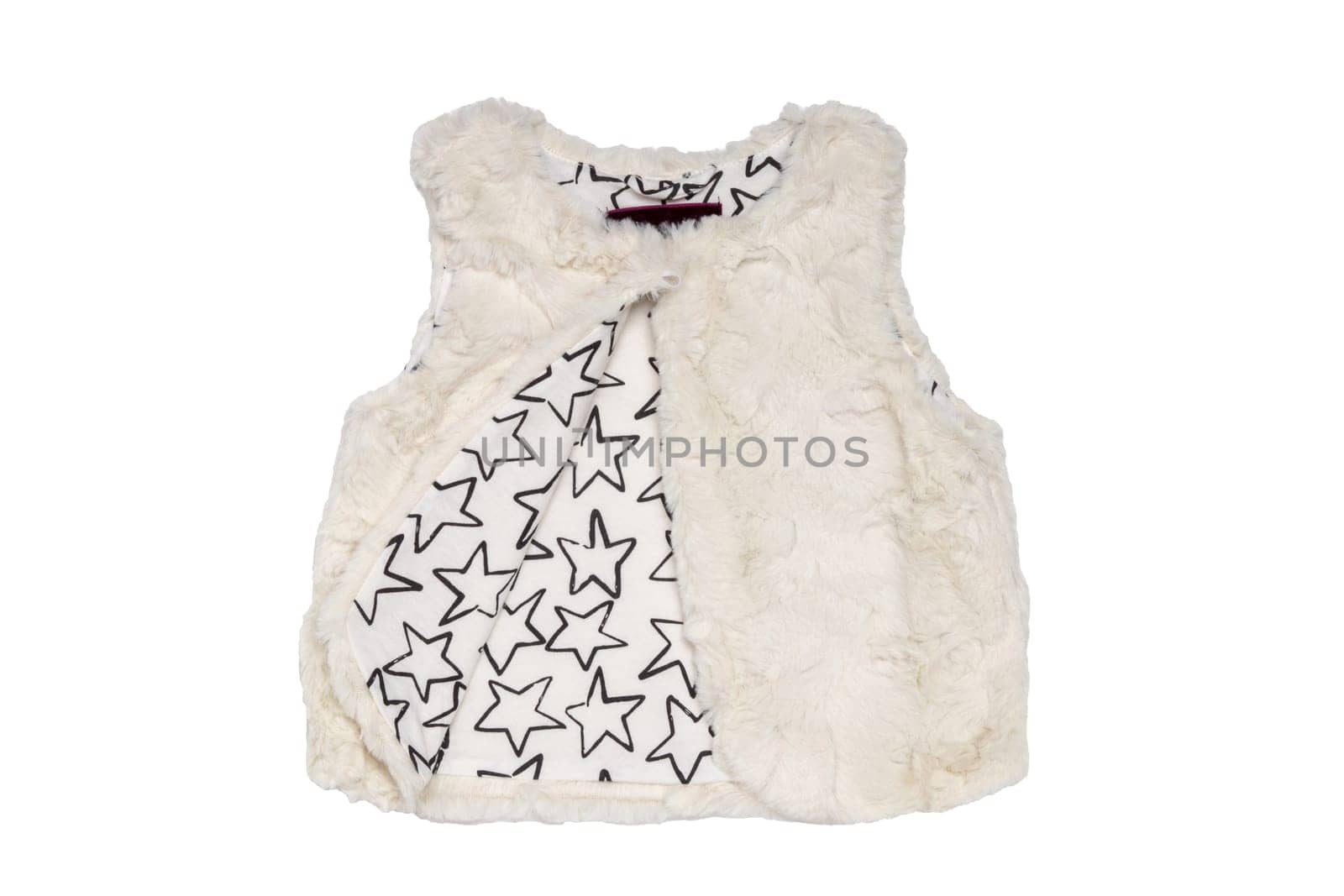 Fur vest. White fur vest for child girls for spring isolated on a white background. Child fashion.