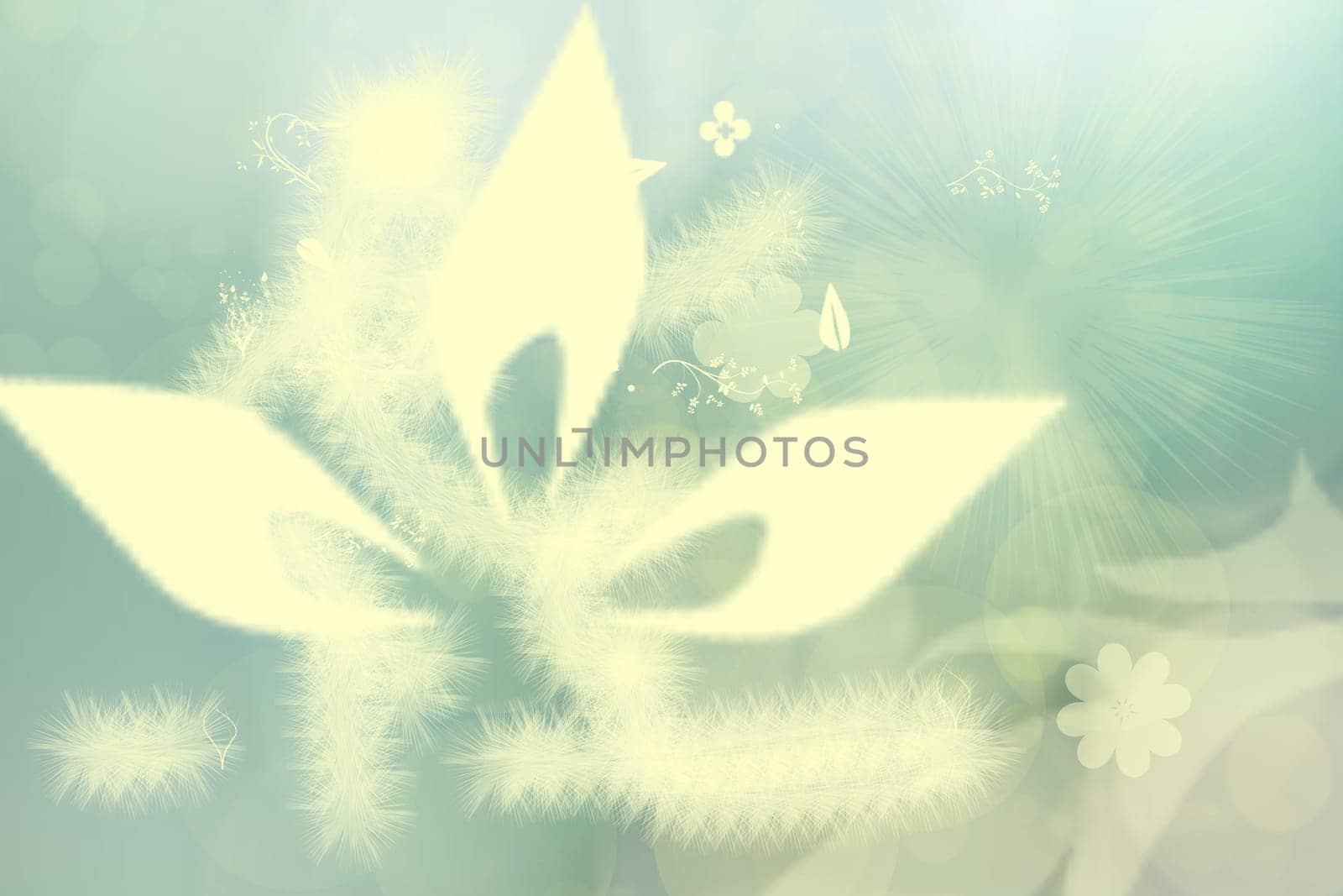 Abstract underwater world. Mysterious and magic underwater flora with different abstract flowers. Bright yellow green texture background.