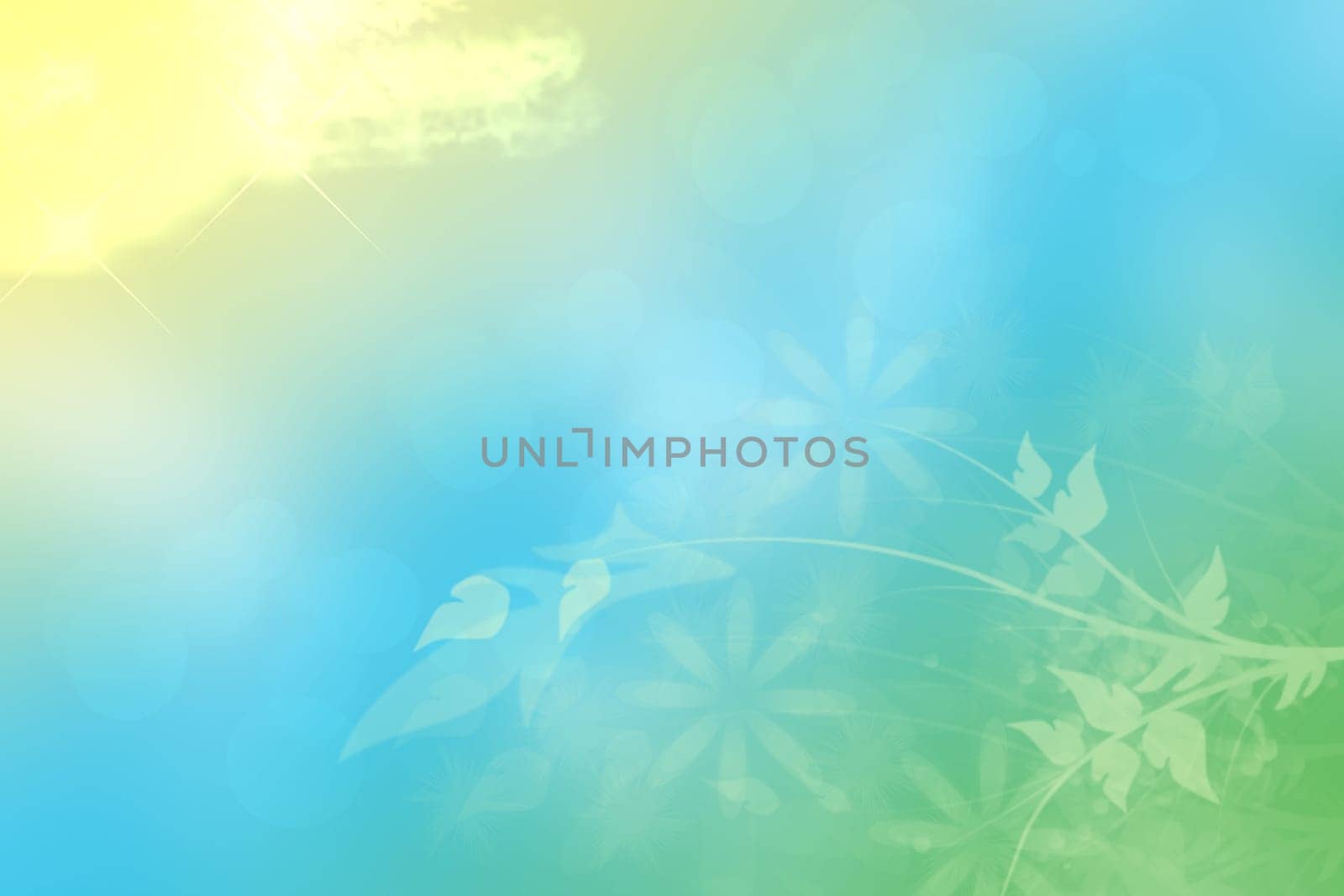 Abstract spring or summer flower background. Abstract flower background with beautiful green flowers, sun lights and blue sky. Nice flower texture.