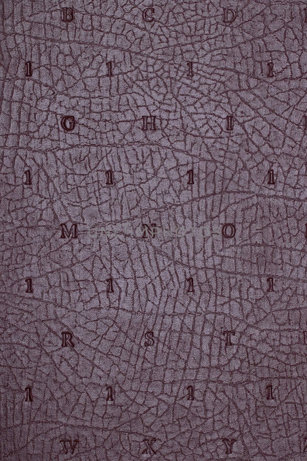 Leather background texture. Purple imitation leather book cover with embossed letters and numbers. High resolution image or macro.