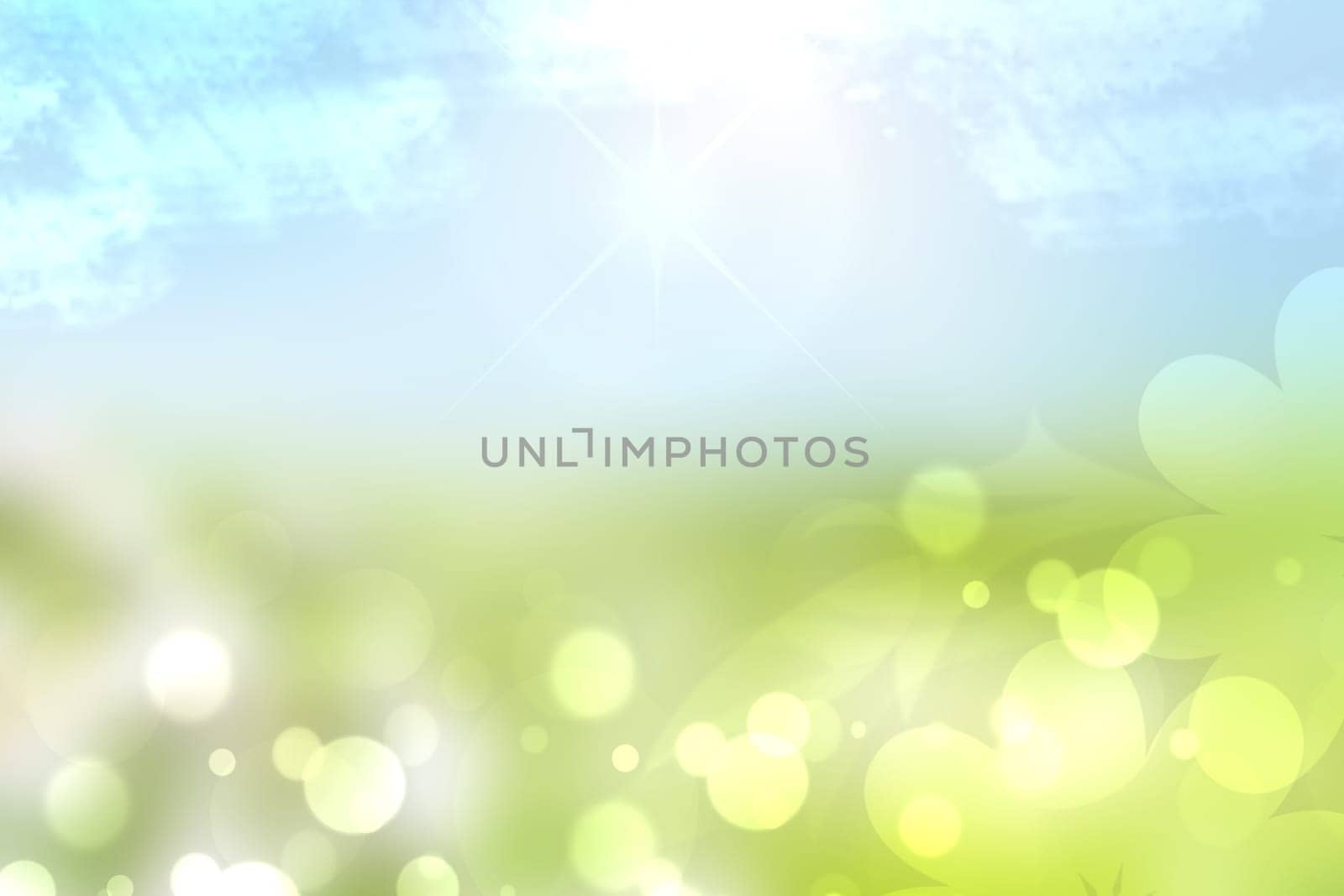 Abstract bright spring or summer landscape texture with natural green bokeh lights and blue bright sunny sky. Autumn or summer background with copy space.