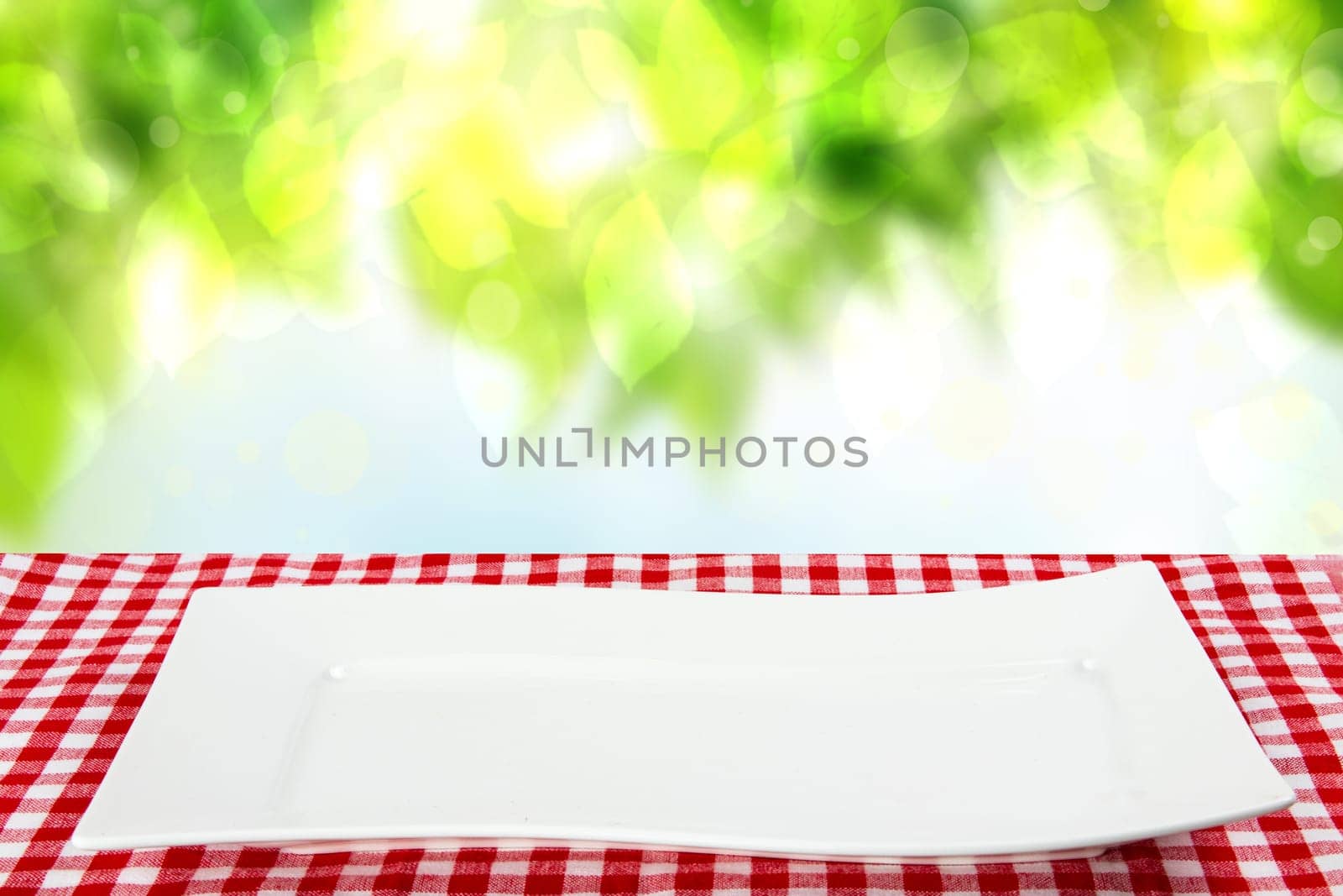 Empty plate background. Empty white plate on table with red napkin or tablecloth over abstract natural summer background. Template for your food and product display montage. Concept food. Copy space.