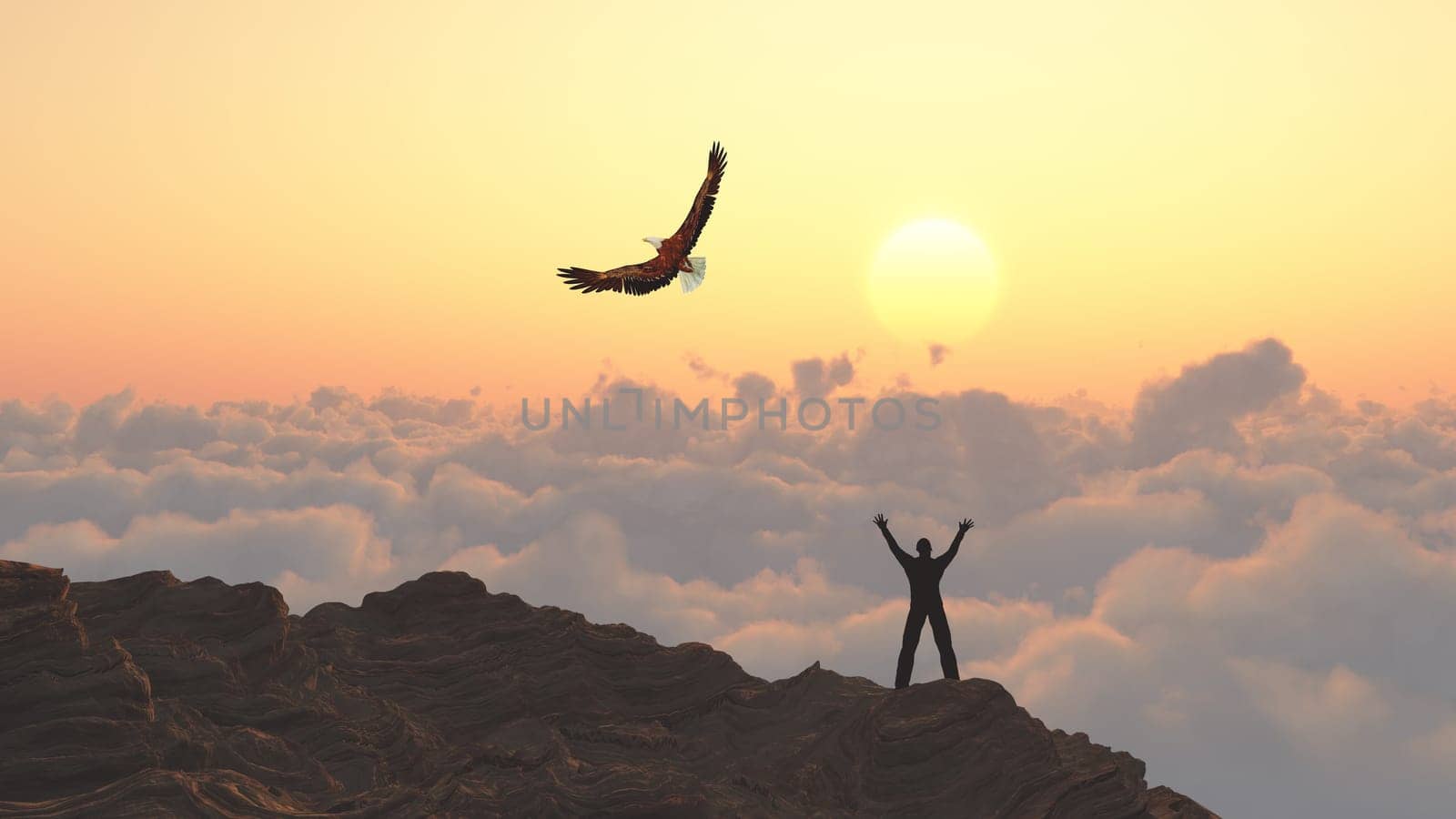 Man on a mountain peak. Eagle flies above clouds.