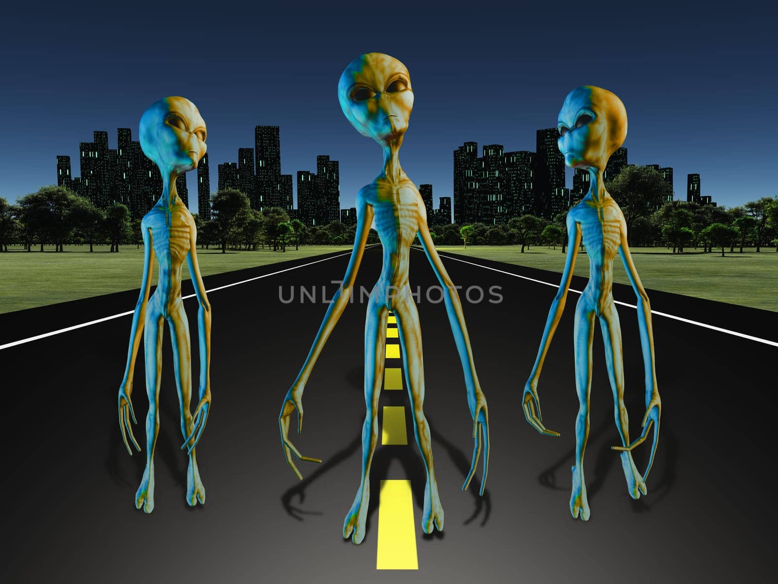 Aliens on road to city. 3D rendering