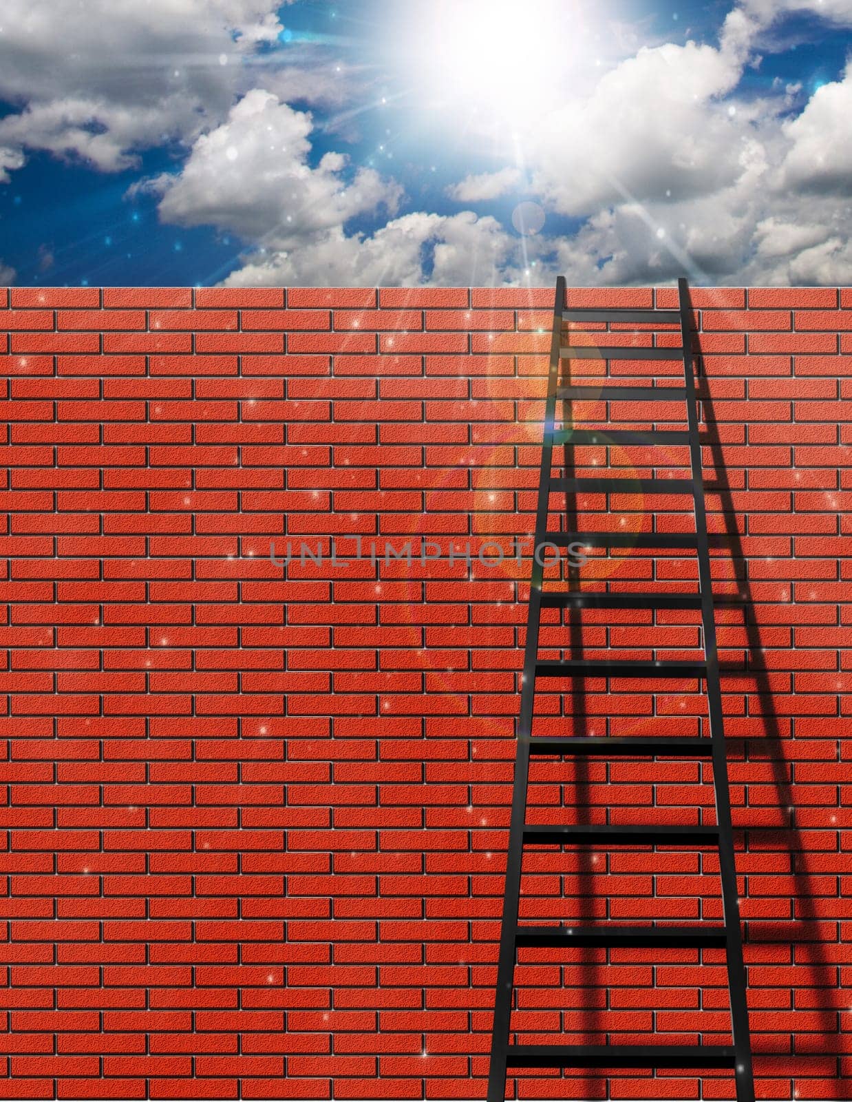 Ladder leans on wall with sky. Sunshine in cloudy sky