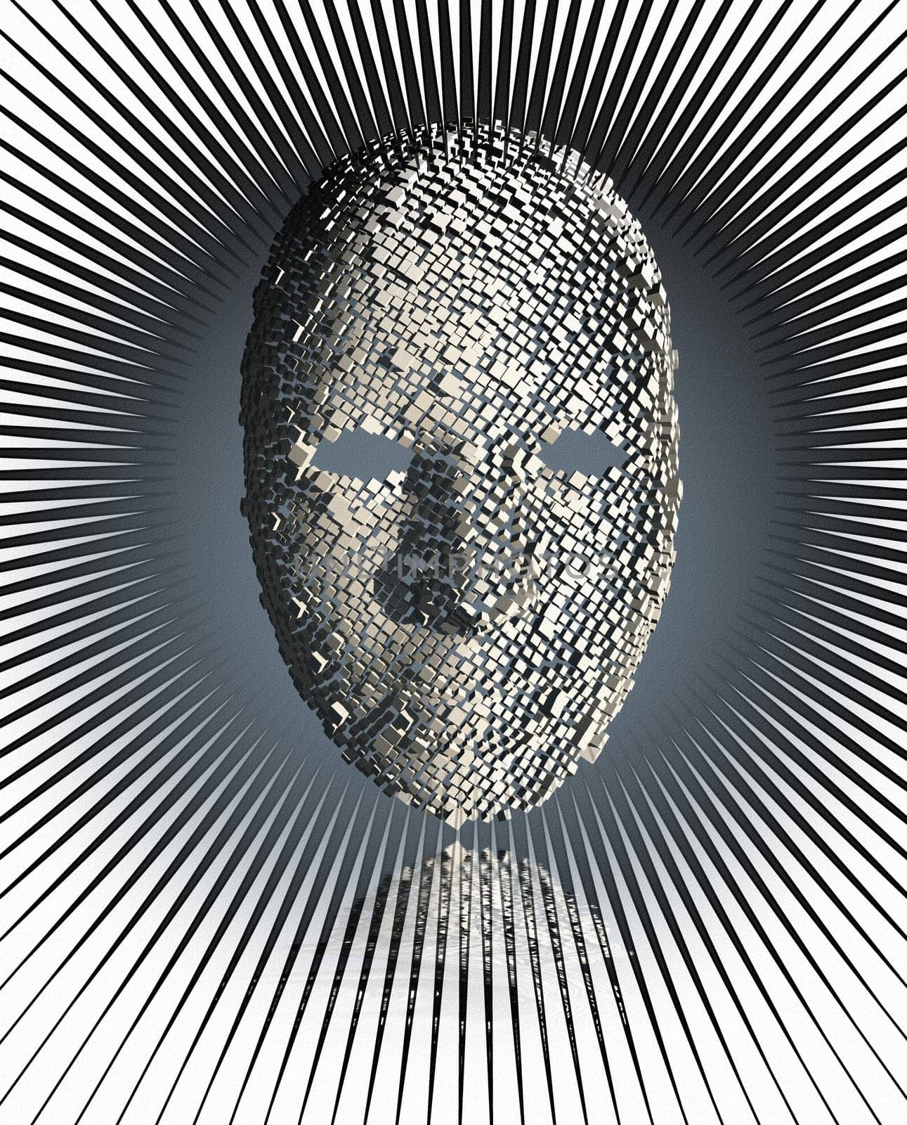 Mask made of cubes radiating light lines