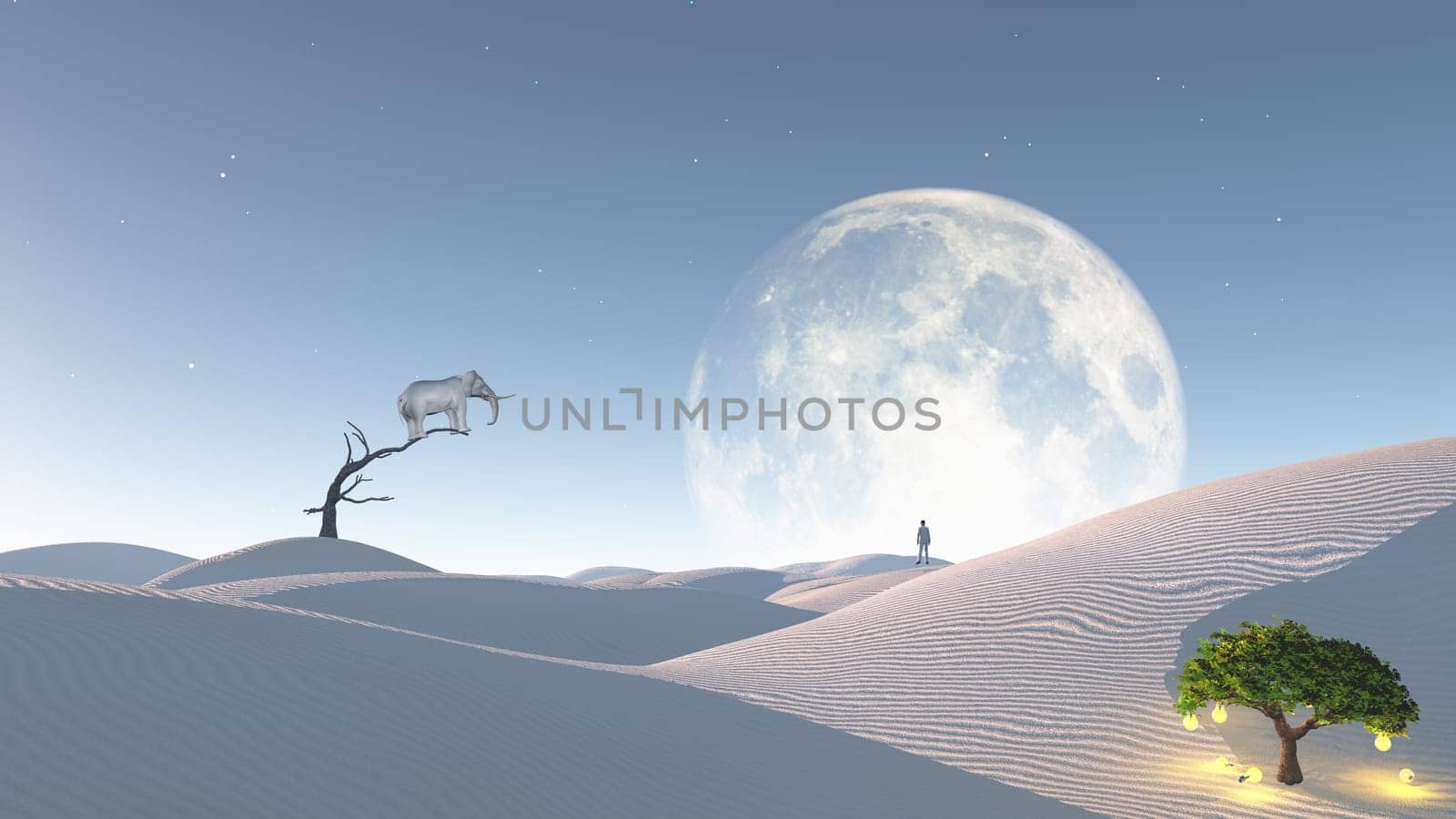 Elephant stands on thin branch of withered tree in surreal landscape with idea tree. Man levitates over sand dunes