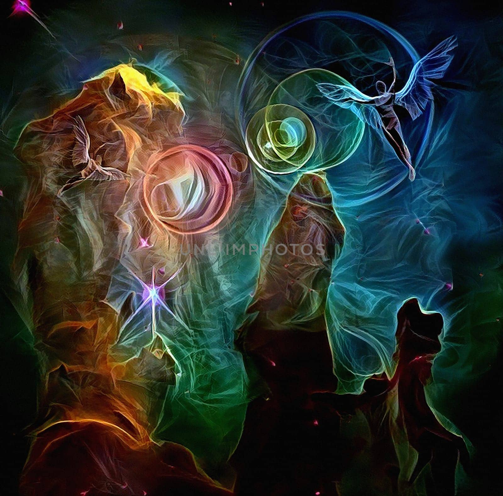Vivid abstract painting. Angels in deep space