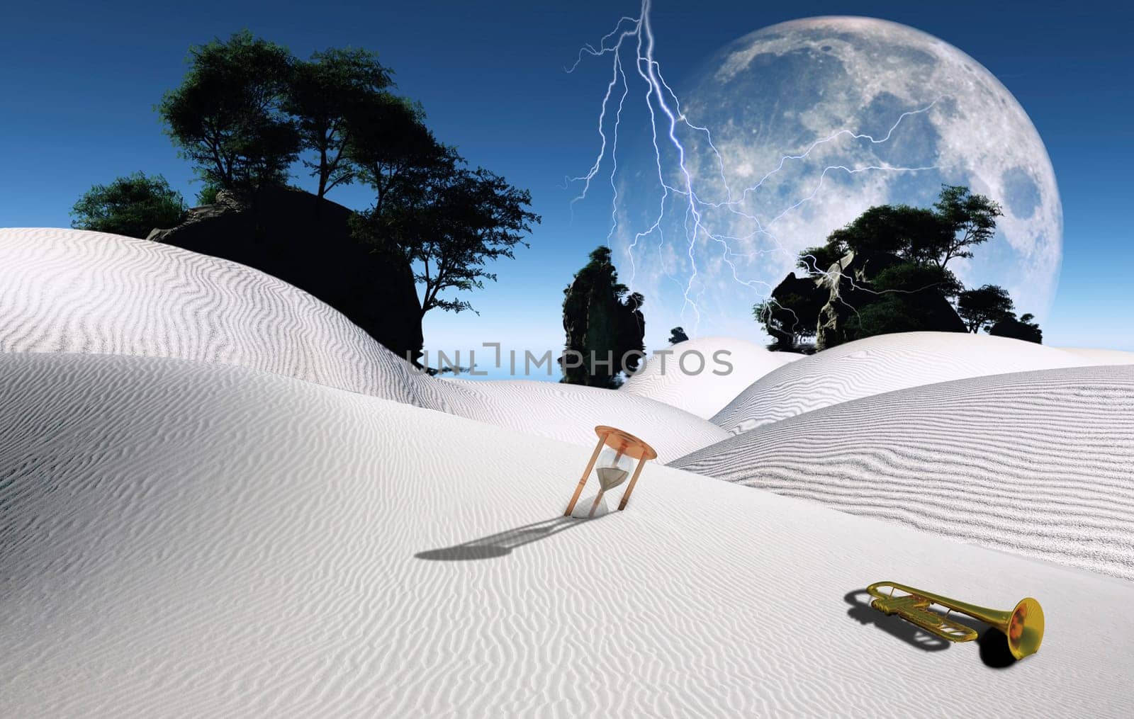 Surreal desert with hourglass, trumpet and green trees on rocks. Big moon on the horizon. Lightning in the sky.