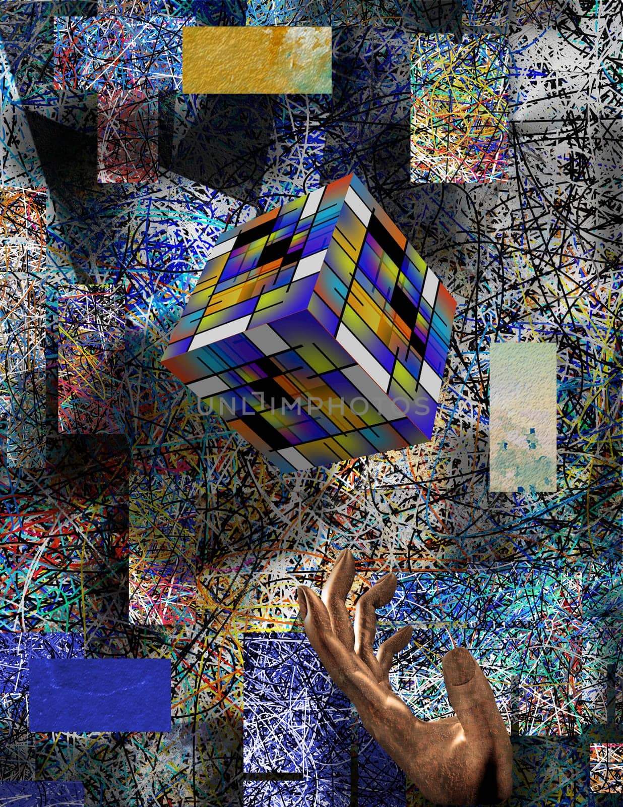 Abstract composition. Colorful cube and metal hand