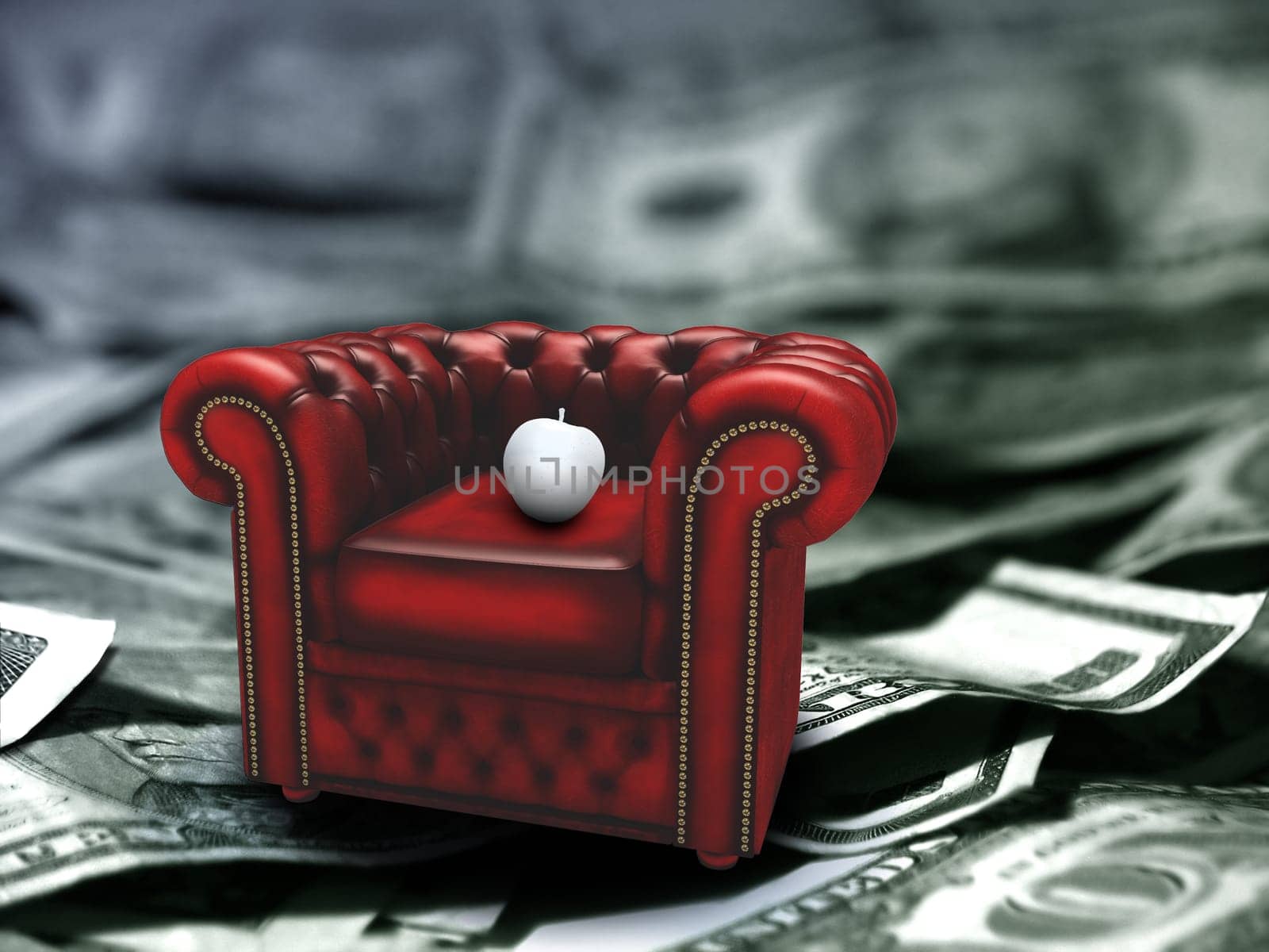 Red armchair with white apple. US dollars.
