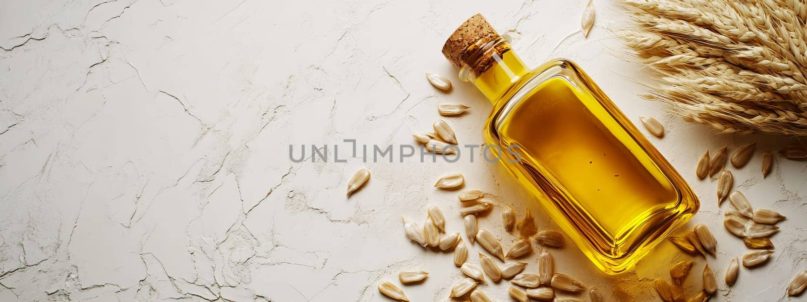 Sunflower oil extract in small bottle on wooden table, Generative AI, food