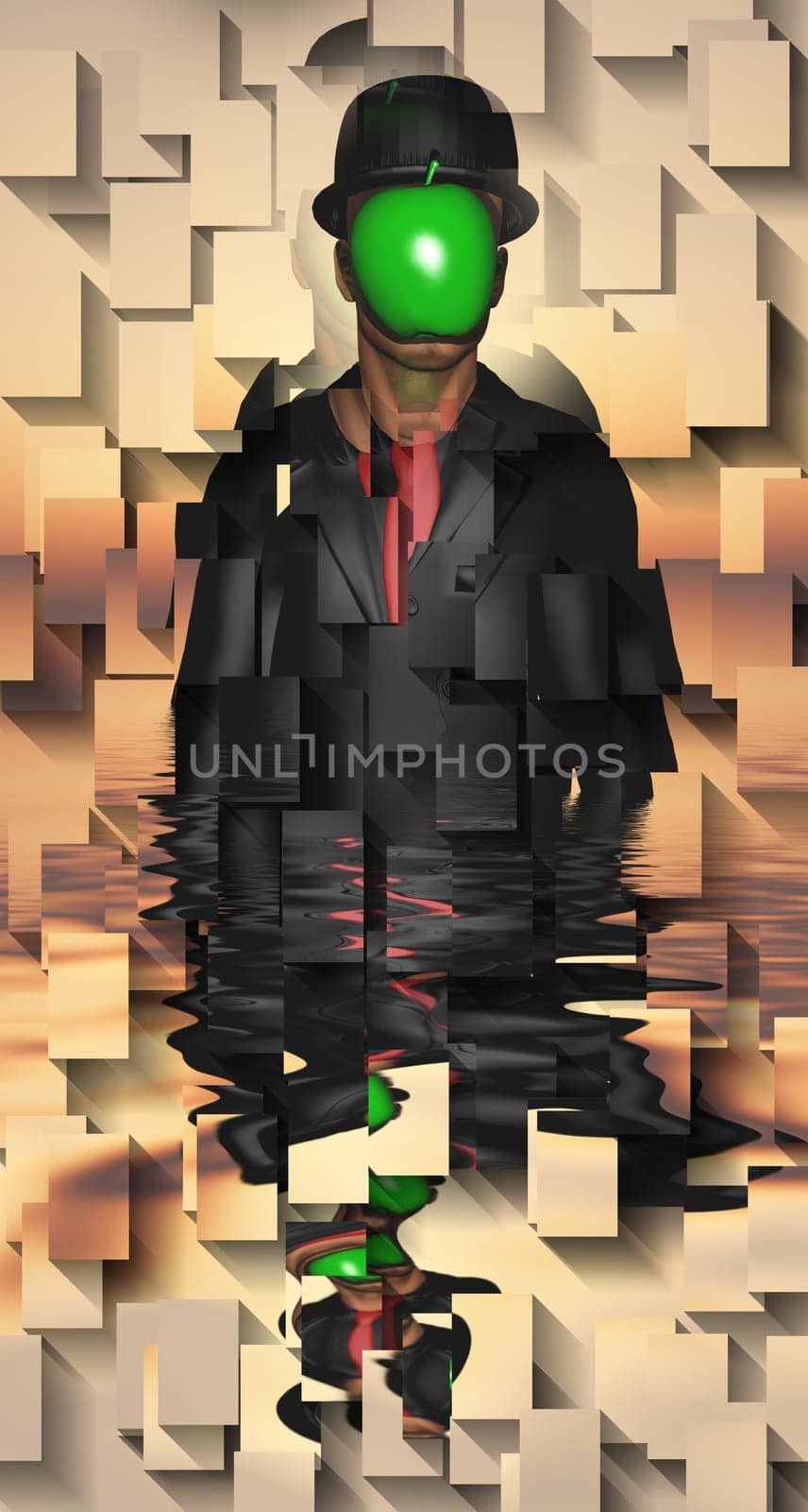 Man in dark suit hides his face behind a green apple