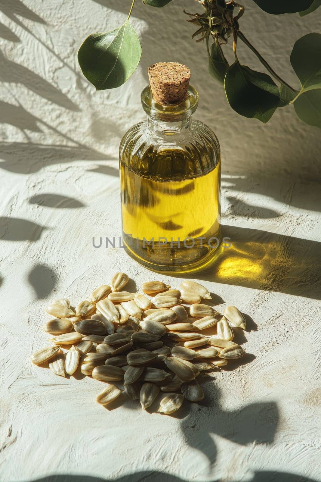 Sunflower oil extract in small bottle on wooden table, Generative AI, food