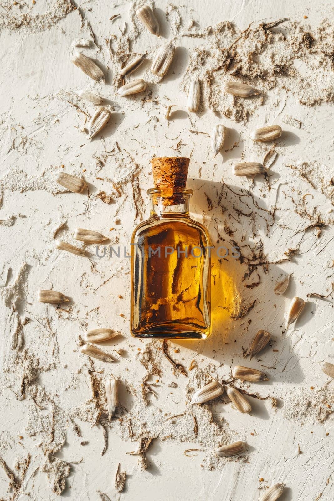 Sunflower oil extract in small bottle on wooden table, Generative AI, food