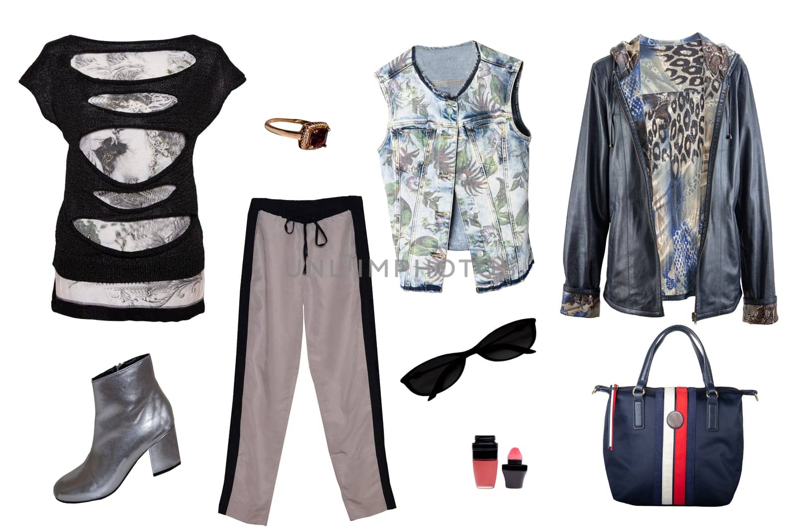 Collage woman clothes. Set of stylish and trendy women dresses, pants, denim vest, jackets, handbag and accessories isolated on a white background. Latest fashion trends.