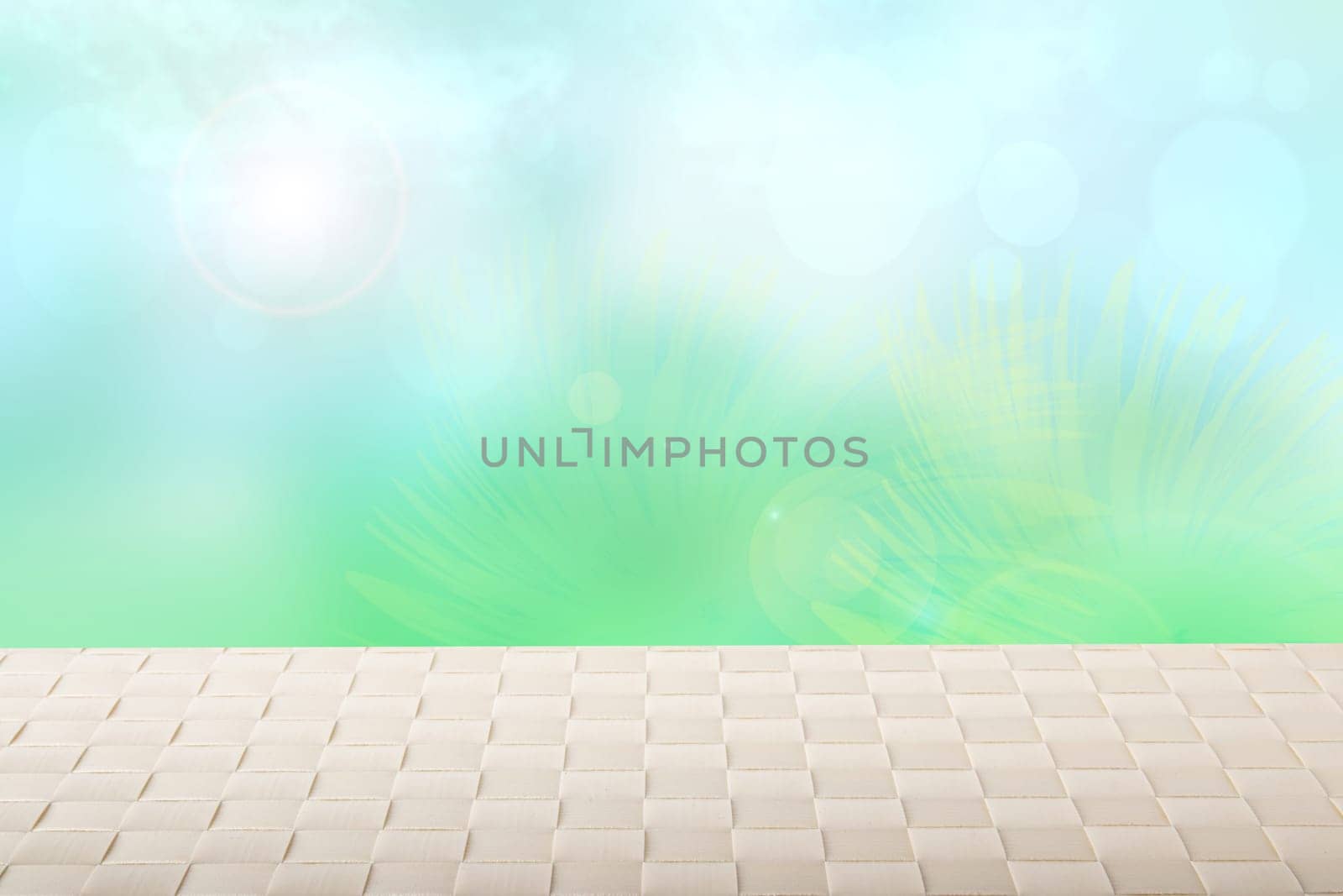 Table top on sunny spring background. A empty bright table on blurred abstract sunny spring or summer day with blue sky. Template for your product display montage. Summer and holiday concept.
