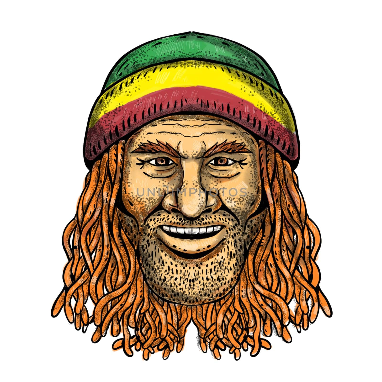 Tattoo style illustration of a Rastafarian dude, Rastafari or guy practising Rastafarianism, an Abrahamic religion developed in Jamaica in 1930s in full color.