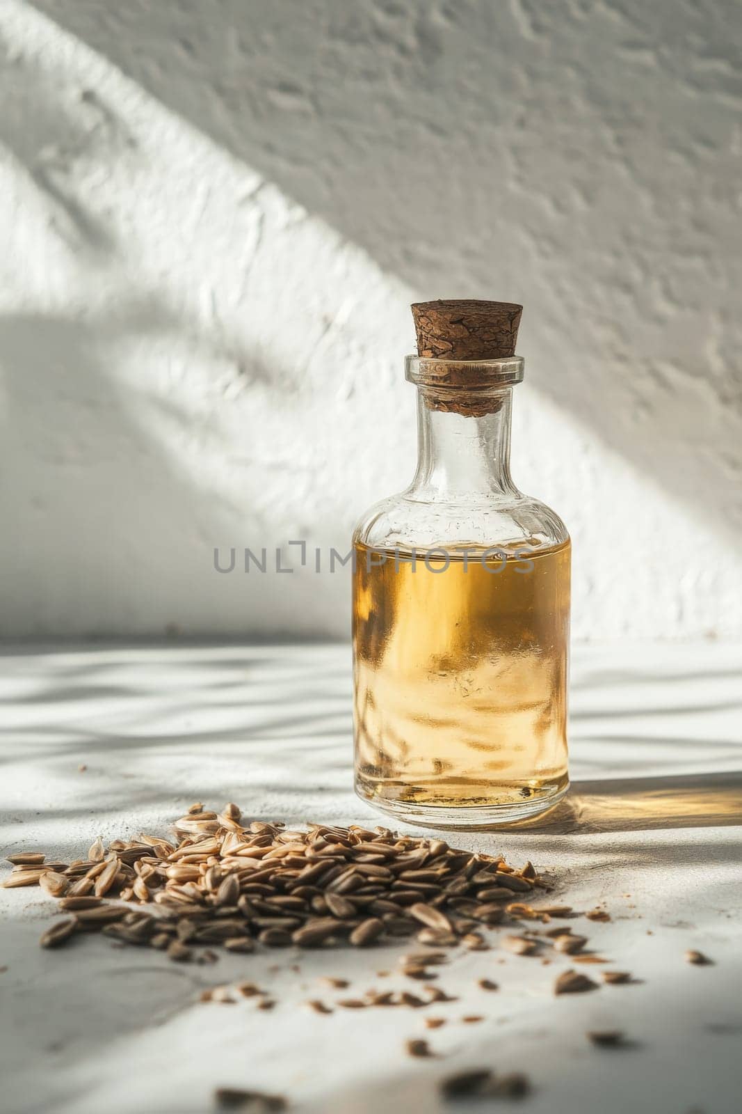 Sunflower oil extract in small bottle on wooden table, Generative AI, food