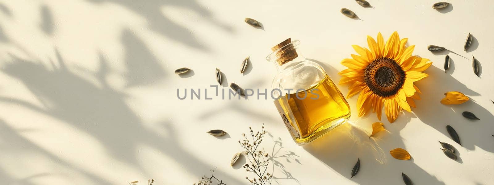 Sunflower oil extract in small bottle on wooden table, Generative AI, food