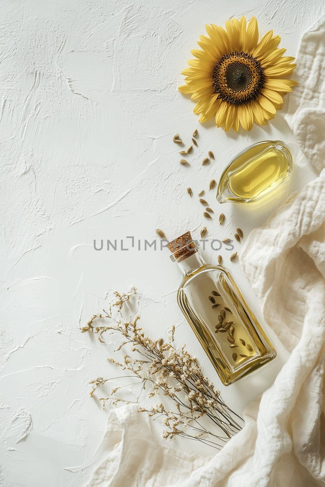Sunflower oil extract in small bottle on wooden table, Generative AI, food