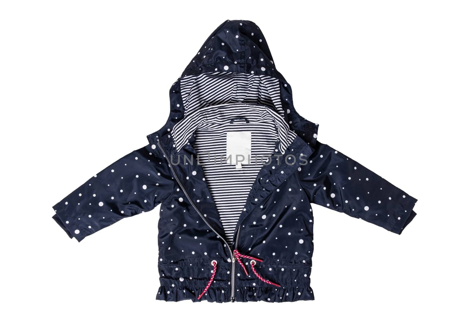Kids jacket isolated. A stylish fashionable dark blue jacket with white dots and blue white striped lining for the little girl. A rain coat and windbreaker with hood for spring and autumn.