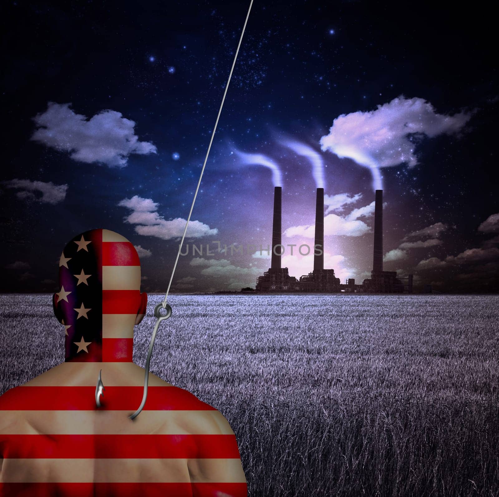 Factory with pipes at the horizon. Man in US national colors with hook in back.