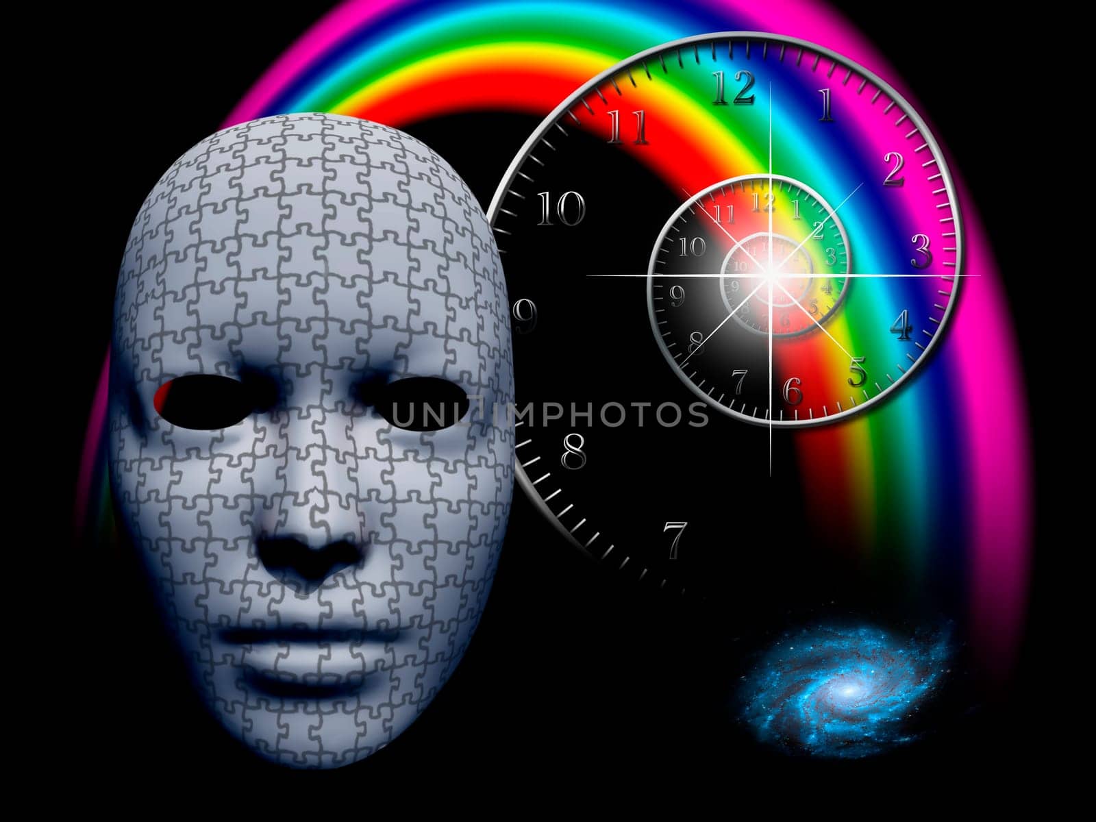 Puzzle mask and time spiral. Rainbow and galaxy