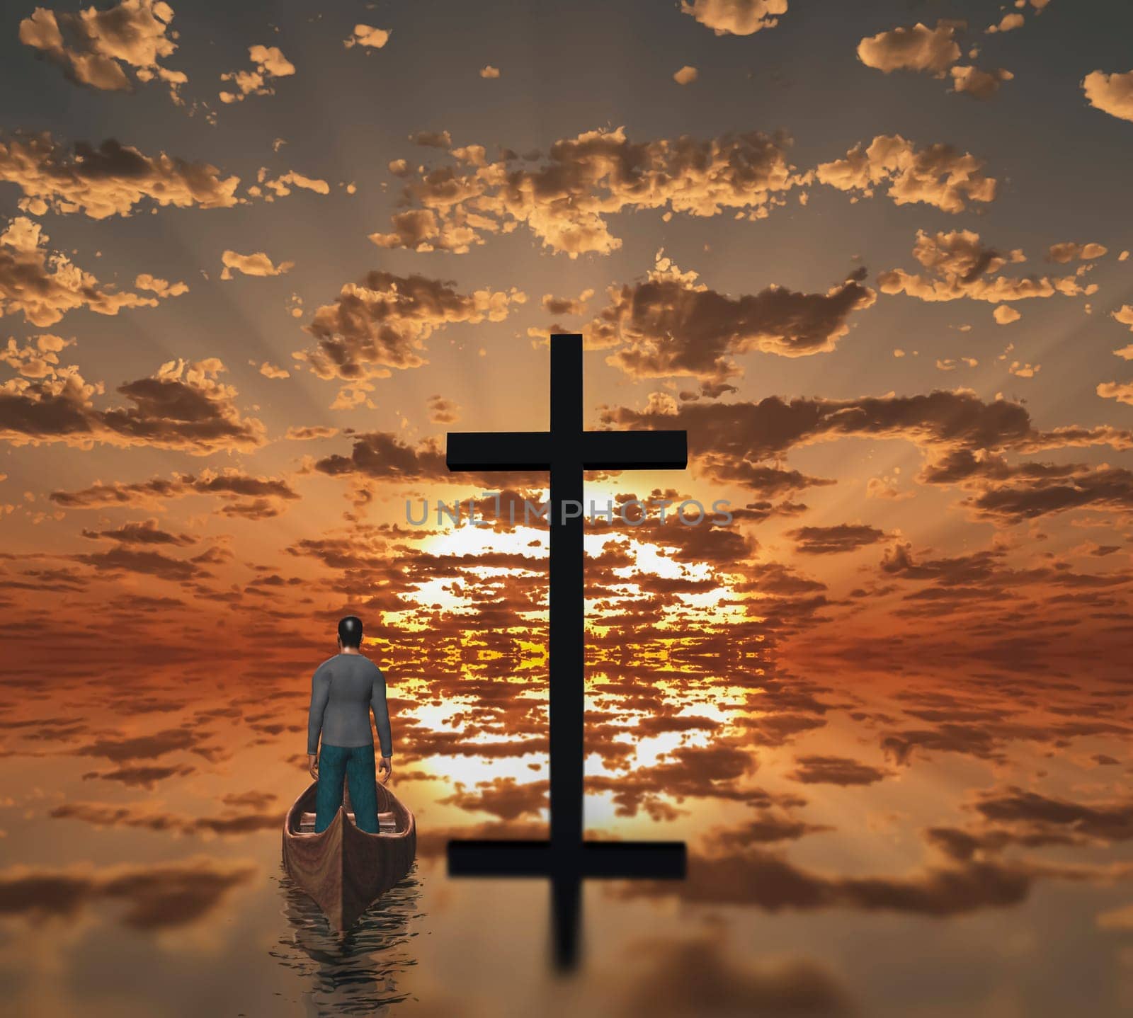 Sunset or sunrise with cross. Man in wooden boat