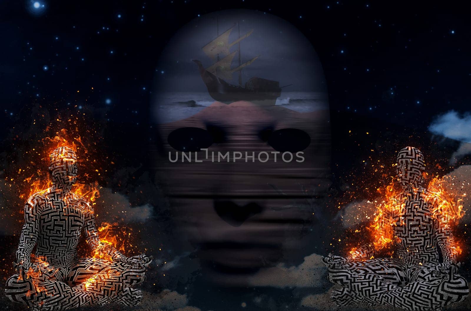 Complex surreal painting. Ancient ship on a sand dune. Burning figure of man in lotus pose.