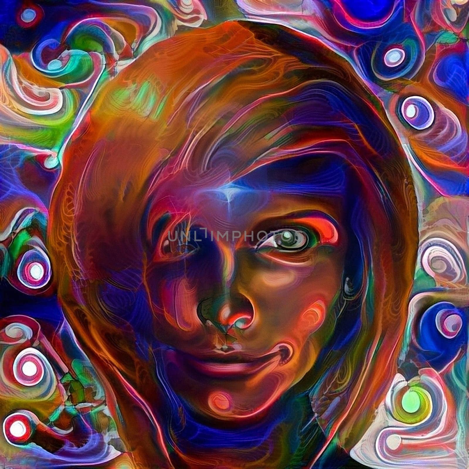 Colorful painting. Woman's face on abstract vivid background