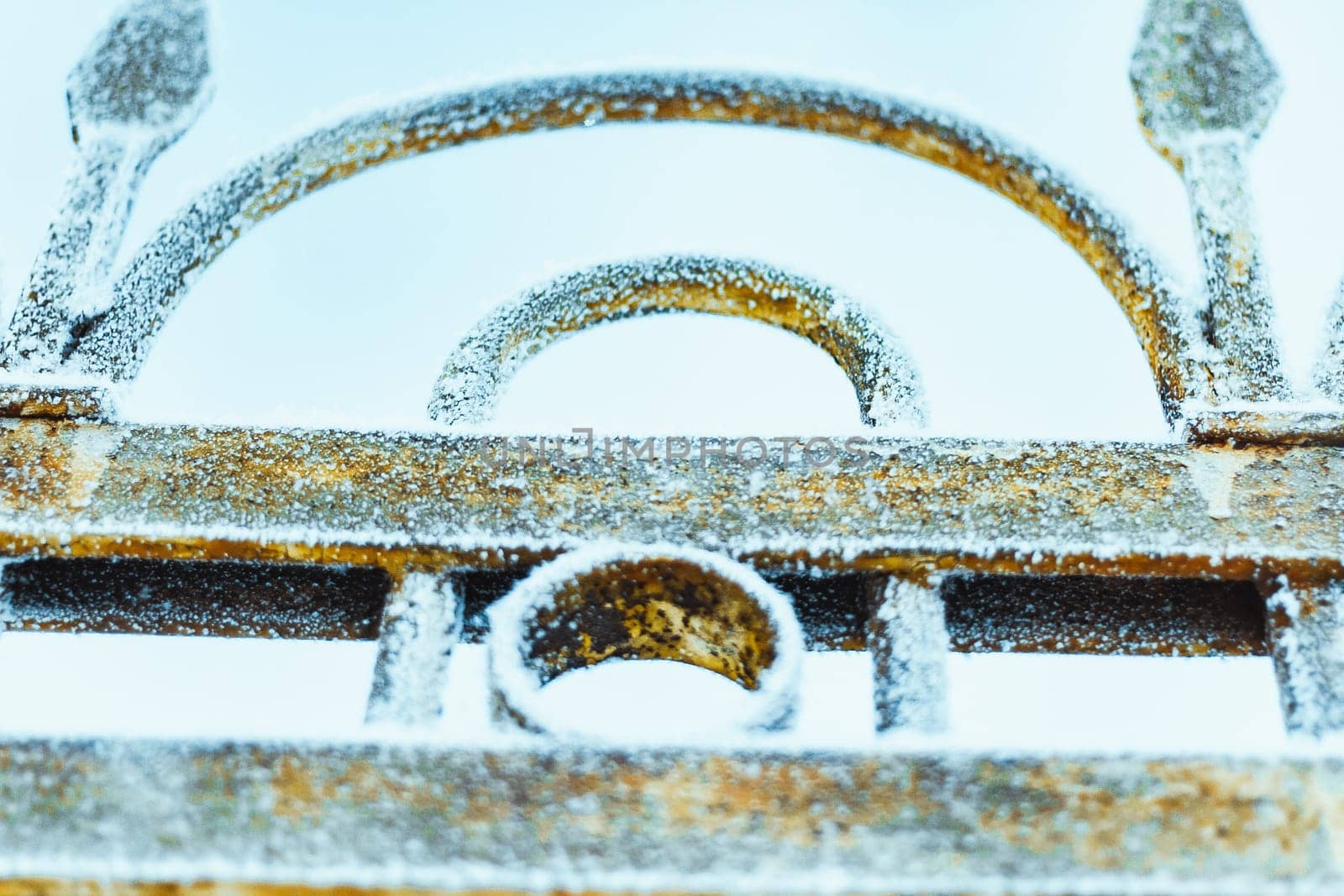 metal fence in hoarfrost on a blurred background.