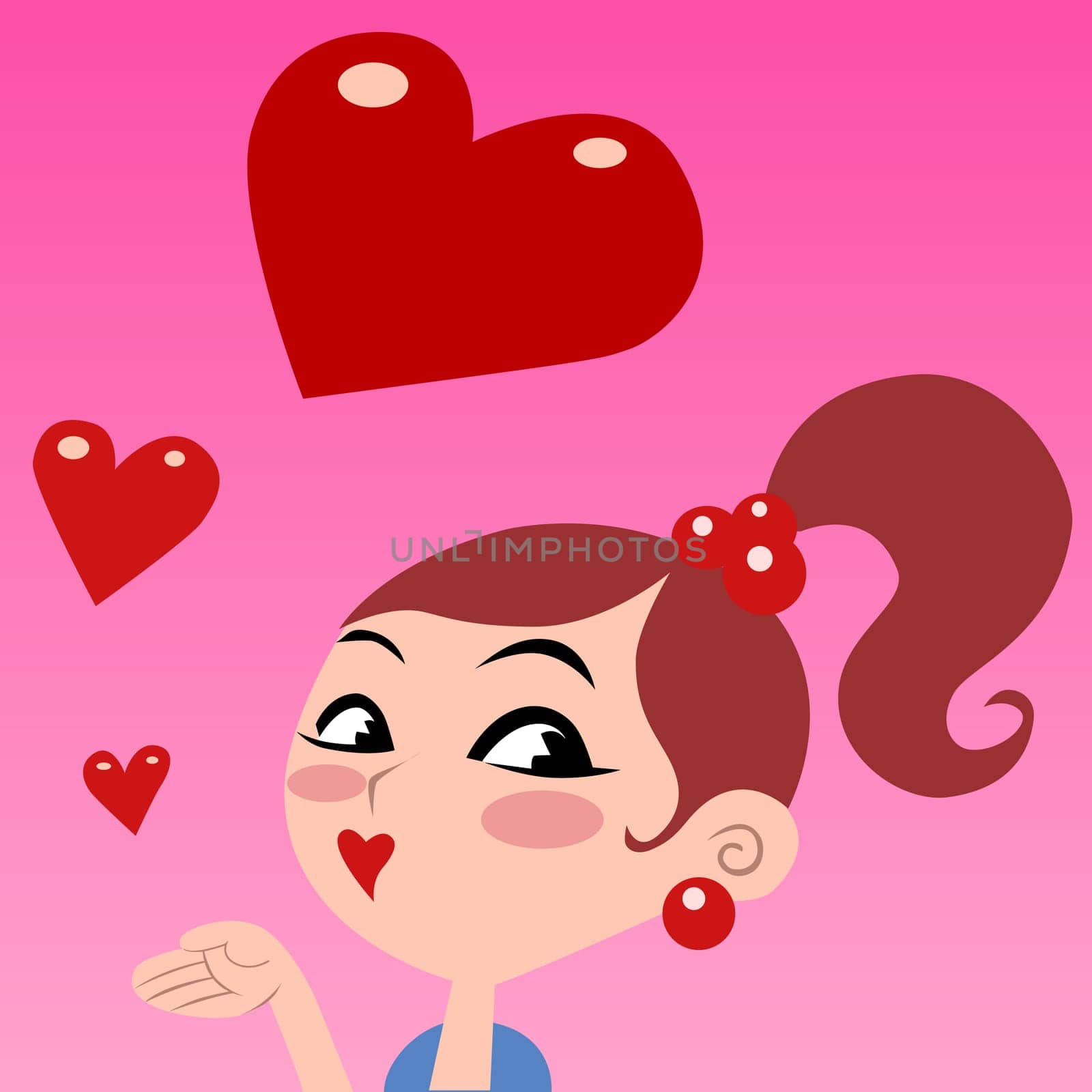The girl gives kisses, flying red heart Valentines day