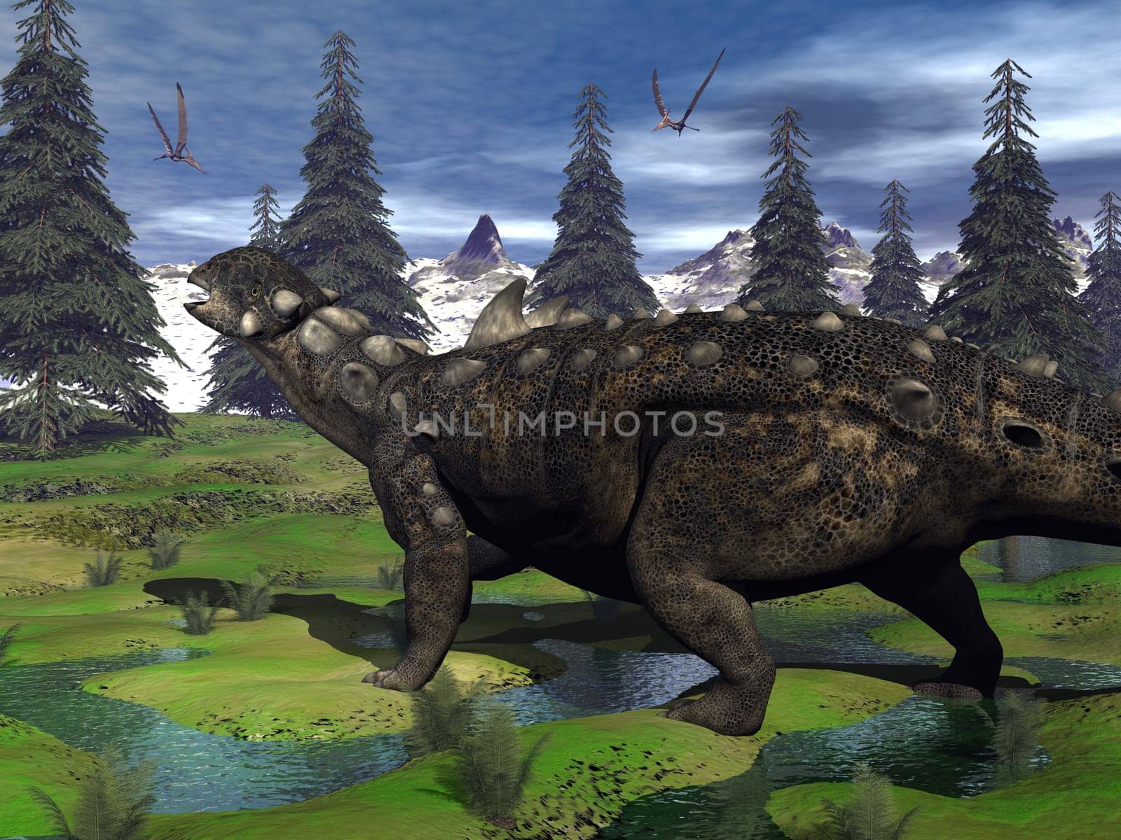Euoplocephalus dinosaur walking in the mountain among fir trees and onychyopsis plants by day - 3D render
