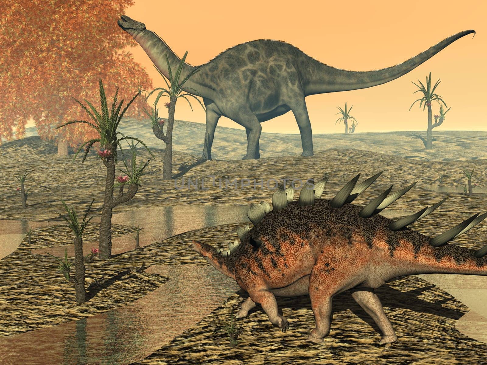 Dicaeosaurus and kentrosaurus eating plant peacefully by sunset - 3D render