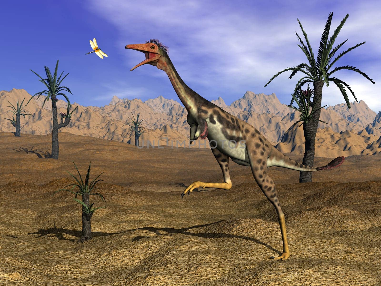 Mononykus dinosaur hunting a dragonfly in the desert surrounded with williamsonia trees- 3D render