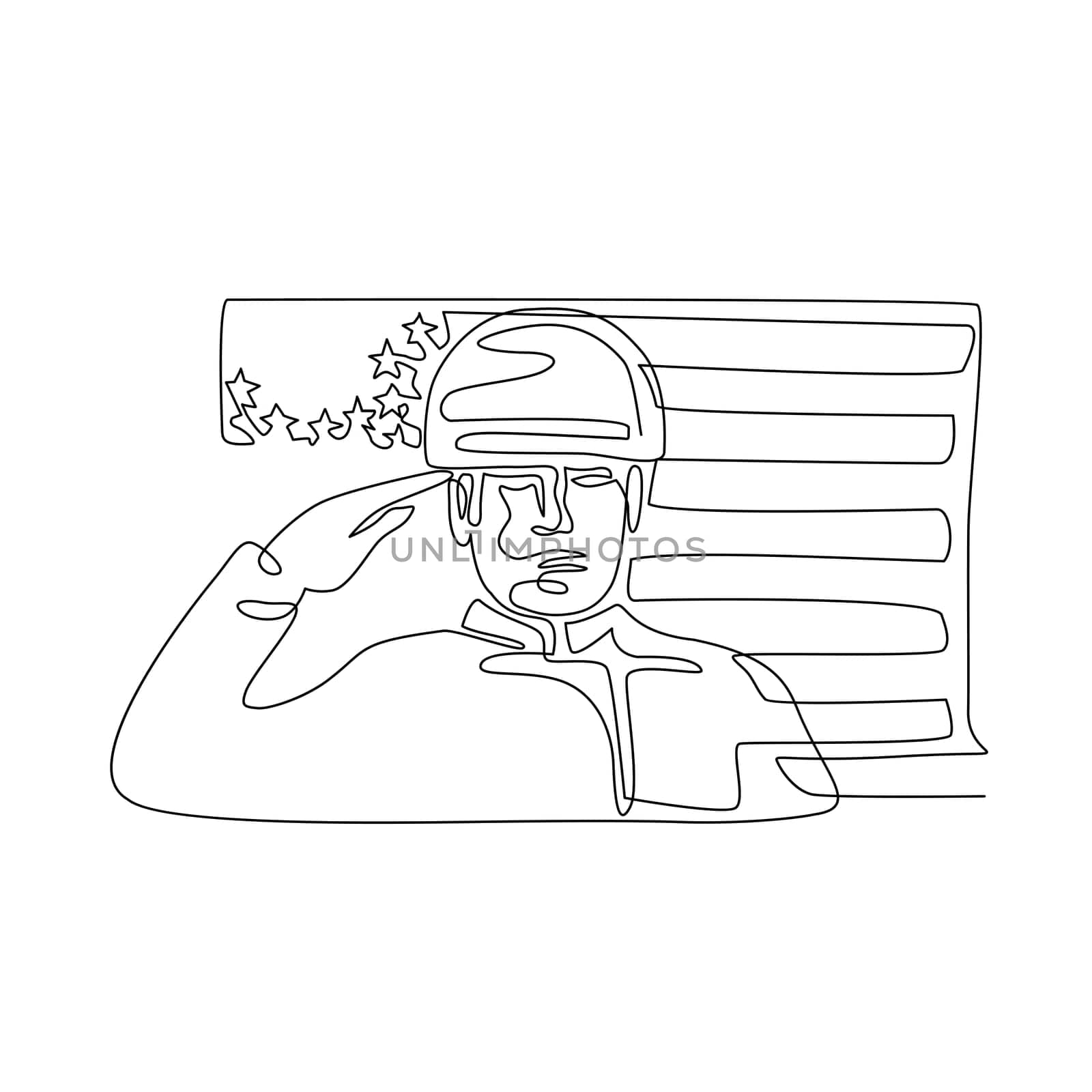 Continuous line illustration of an American soldier or military personnel saluting USA stars and stripes flag viewed from front  done in black and white monoline style.