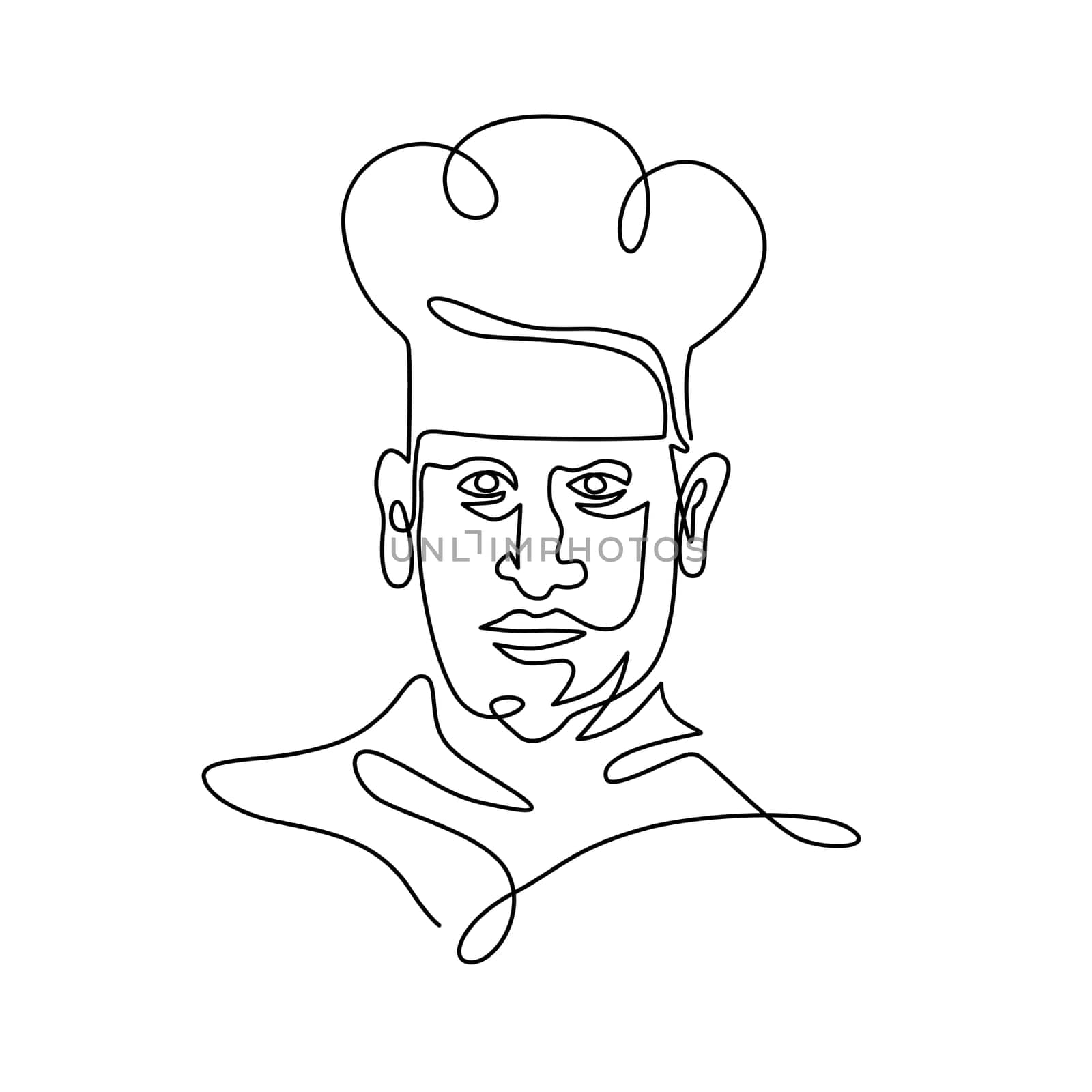 Continuous line illustration of head of a chef, cook or baker wearing toque hat viewed from front done in black and white monoline style.