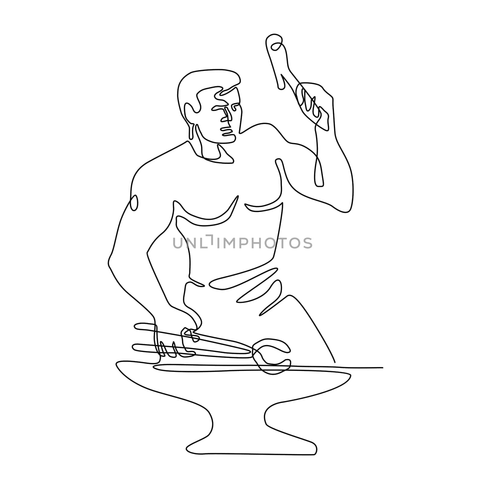 Continuous line illustration of a blacksmith with hammer and tongs pounding the anvil viewed from front done in black and white monoline style.