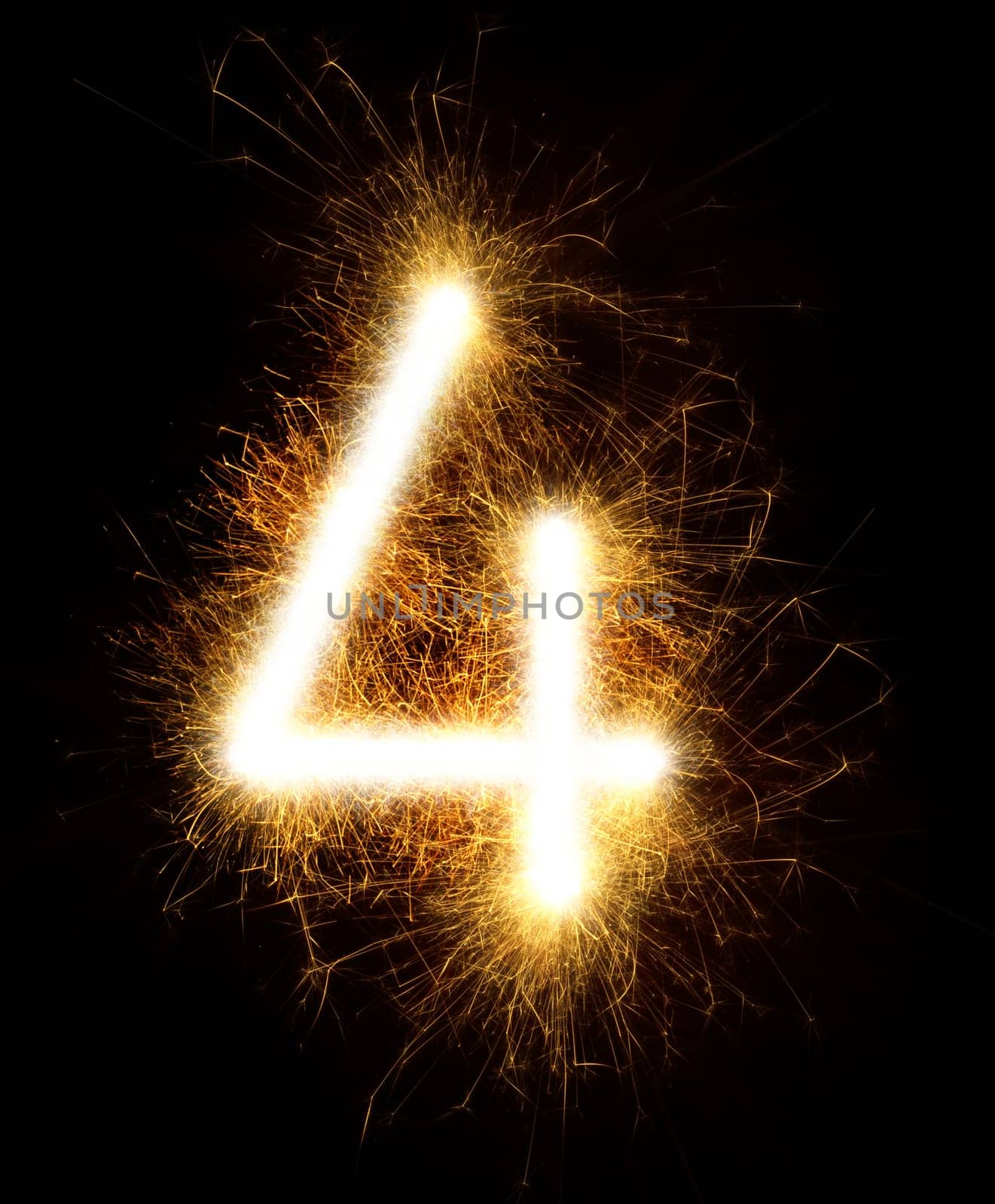Number 4 drawn with spaklers on a black background