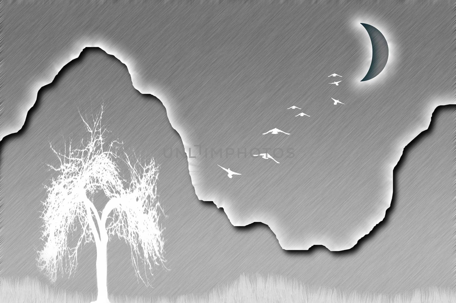 Composition with mystic white tree. Birds flies to the full moon