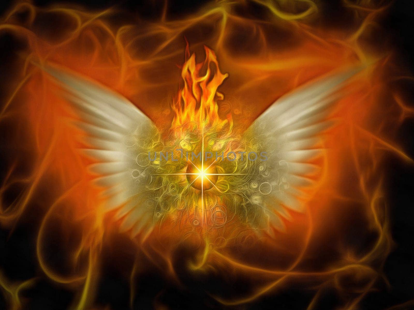 Surreal painting. Burning eye with wings. Flaming background.