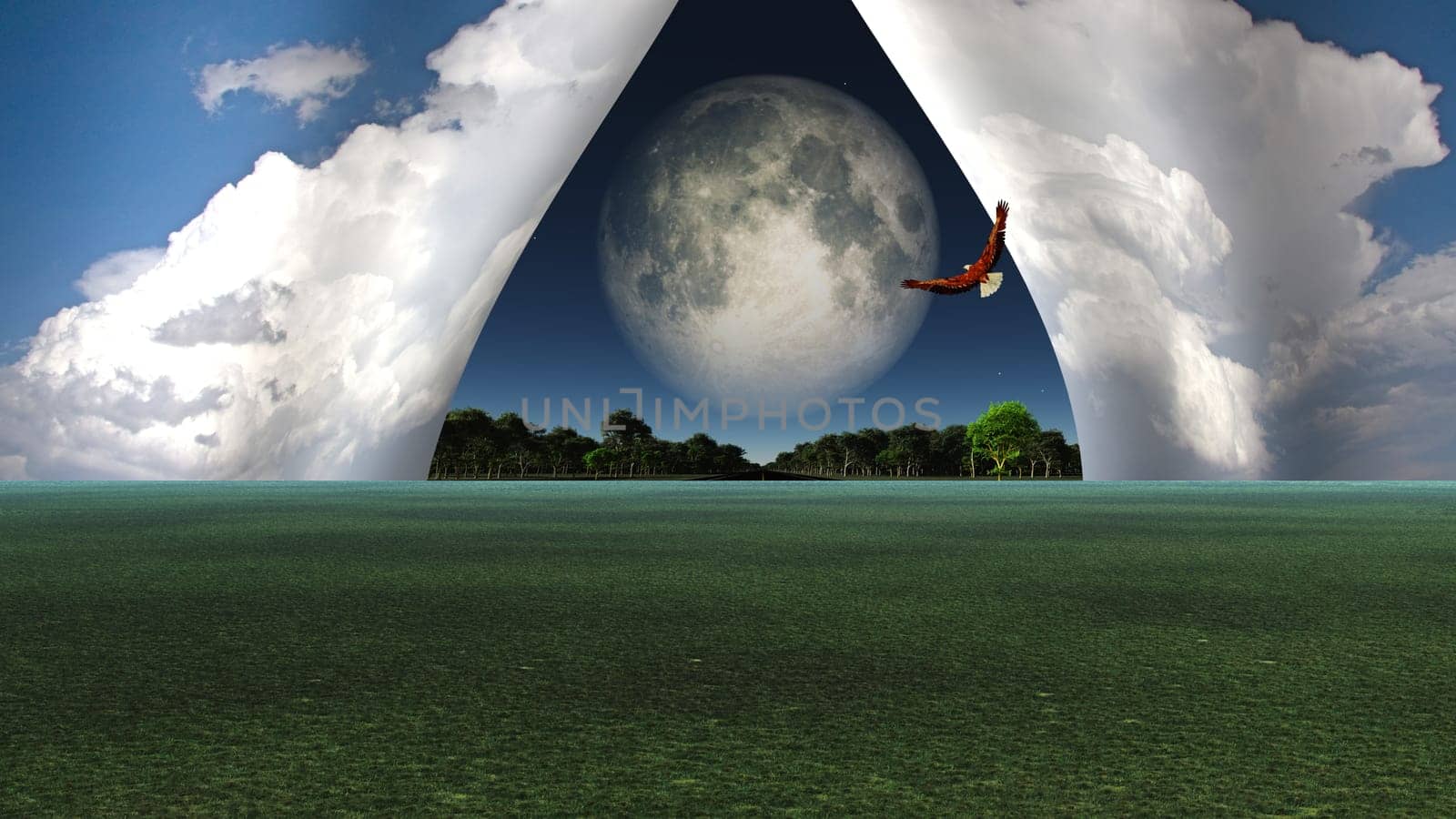 Sky pulled apart like curtain to reveal other landscape with giant full moon. Eagle soars in the sky