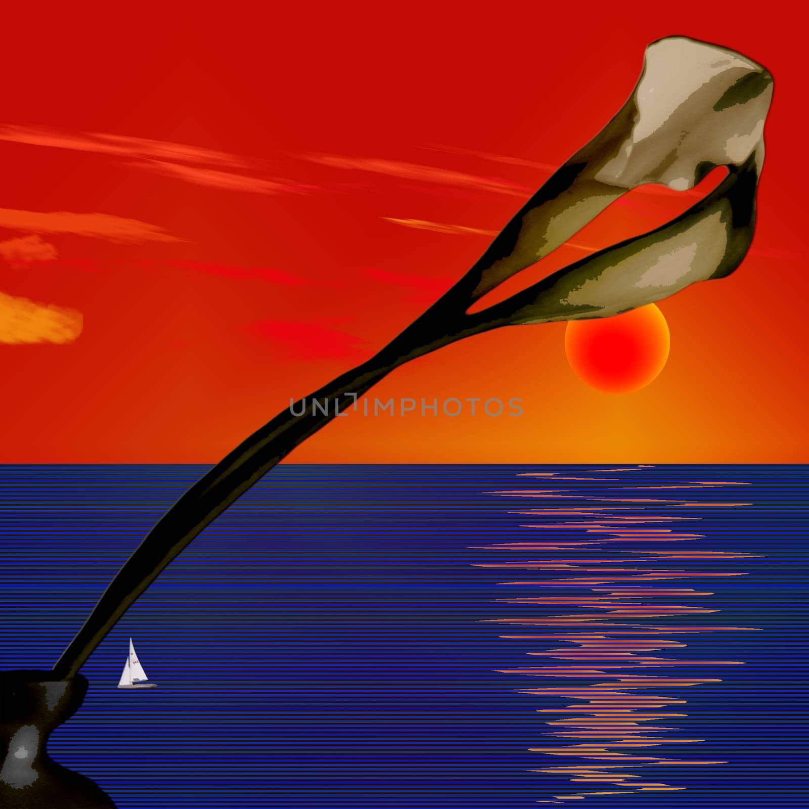 Flower and red sunset. Seascape with sailboat