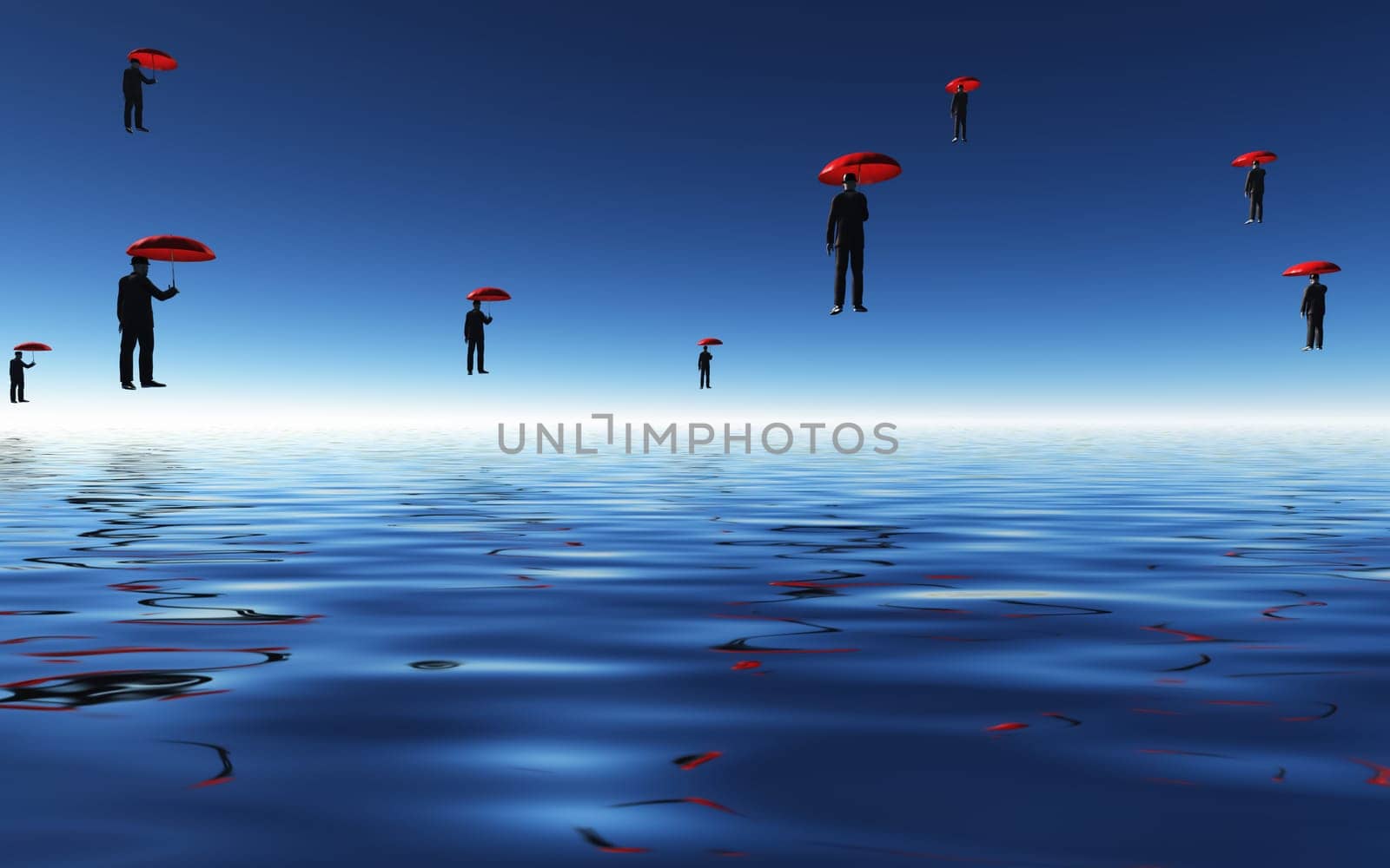Floating Men with Red Umbrellas
