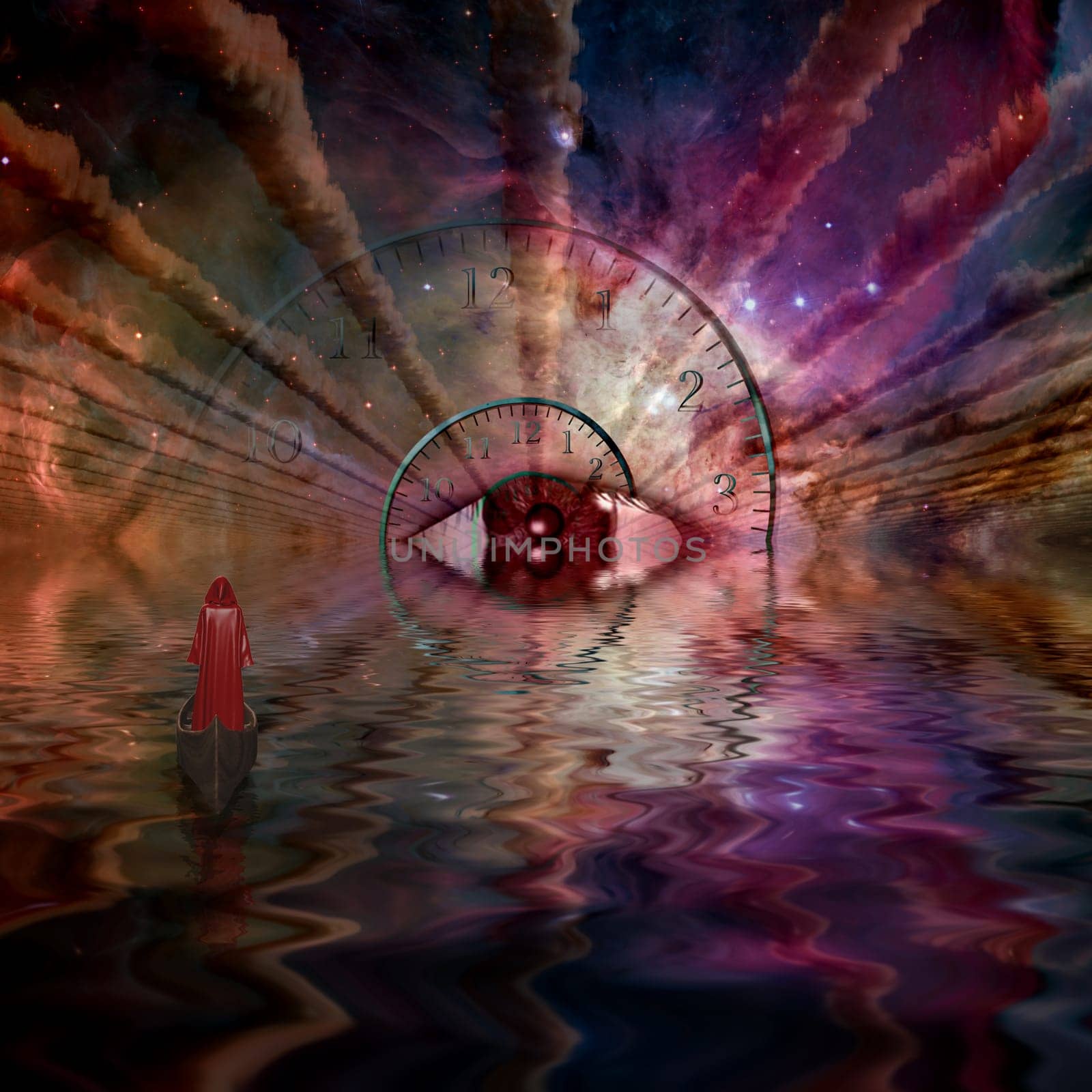 Figure in red robe floating to God's eye in space tunnel