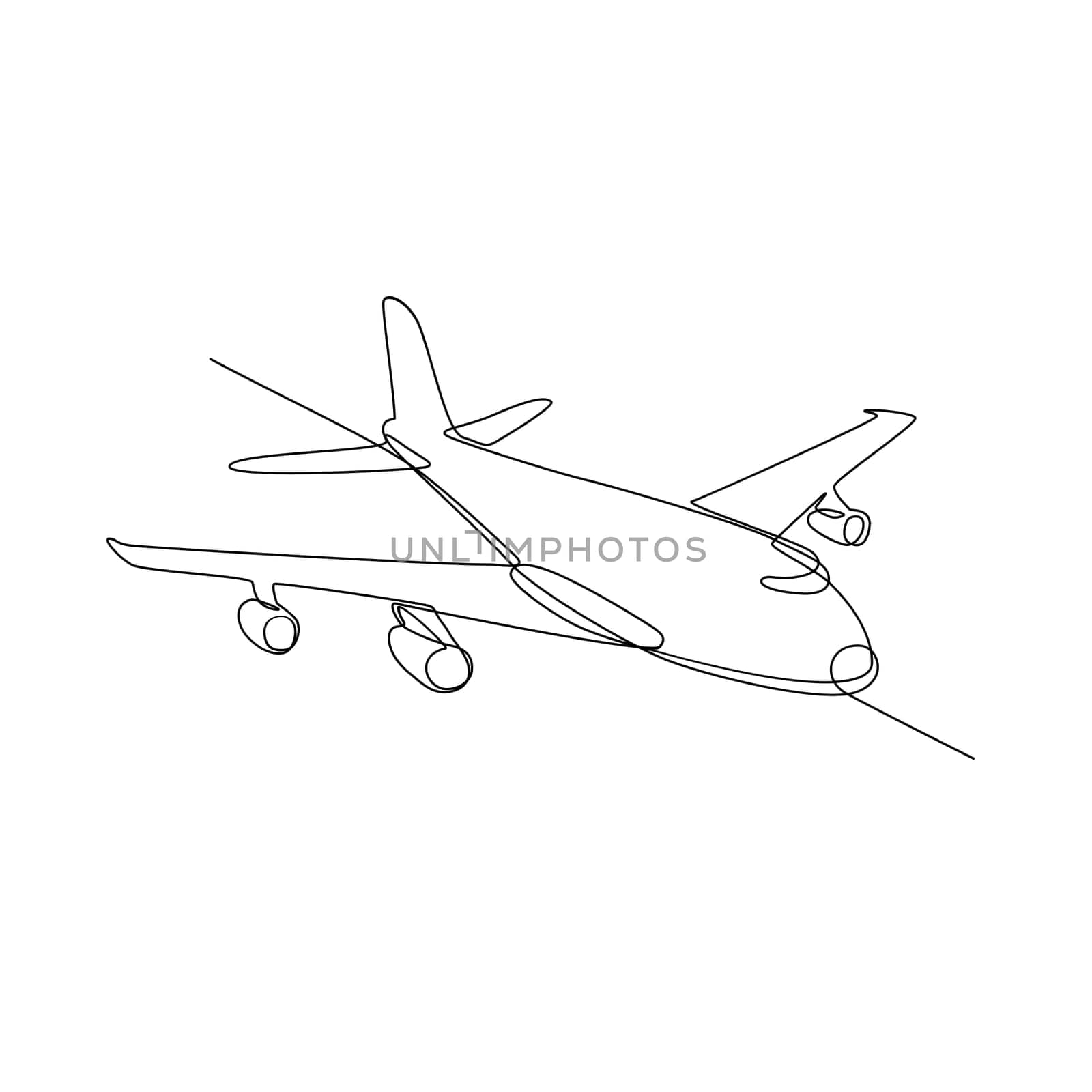 Continuous line illustration of jumbo jet passenger plane airliner or airplane flying in full flight in mid-air done in black and white monoline style.