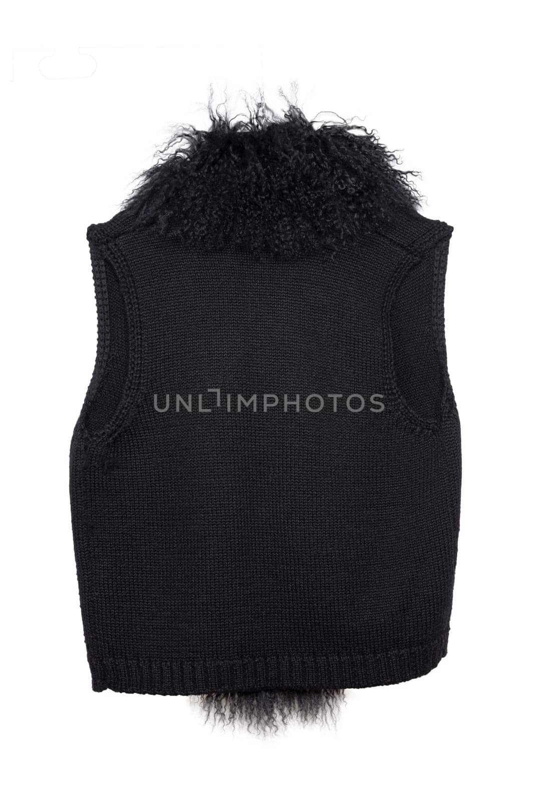 Vest isolated. Black women vest with a large fur collar isolated on a white background. Woman fashion. Back view.